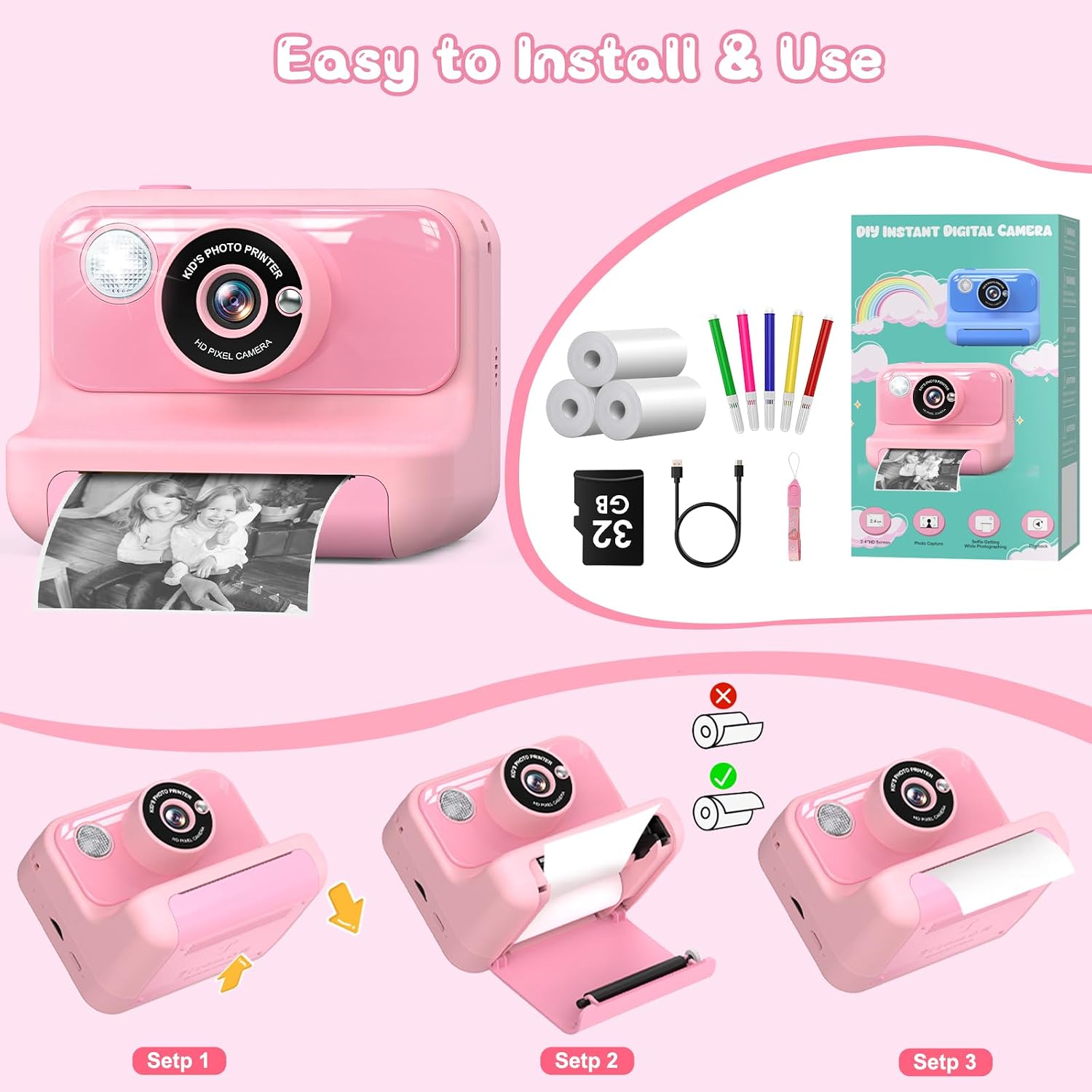 Steps for loading thermal print paper into the Hangrui H3 Instant Print Kids Camera.