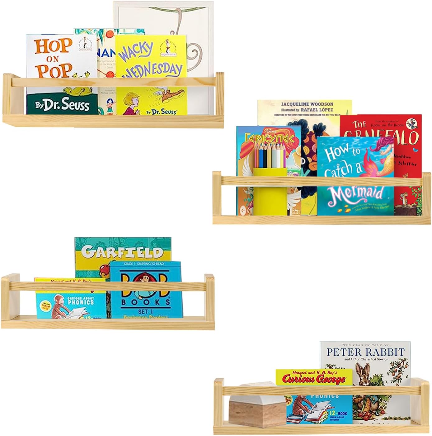 Nursery Book Shelves,Set of 4 Natural Wood Floating Bookshelves for Kids Bedroom,Wall Bookshelf for Kids Bedroom,Kids Bookshelf,Nursery Room Shelves Decor & Playroom Decor 16.5 Inch Natural