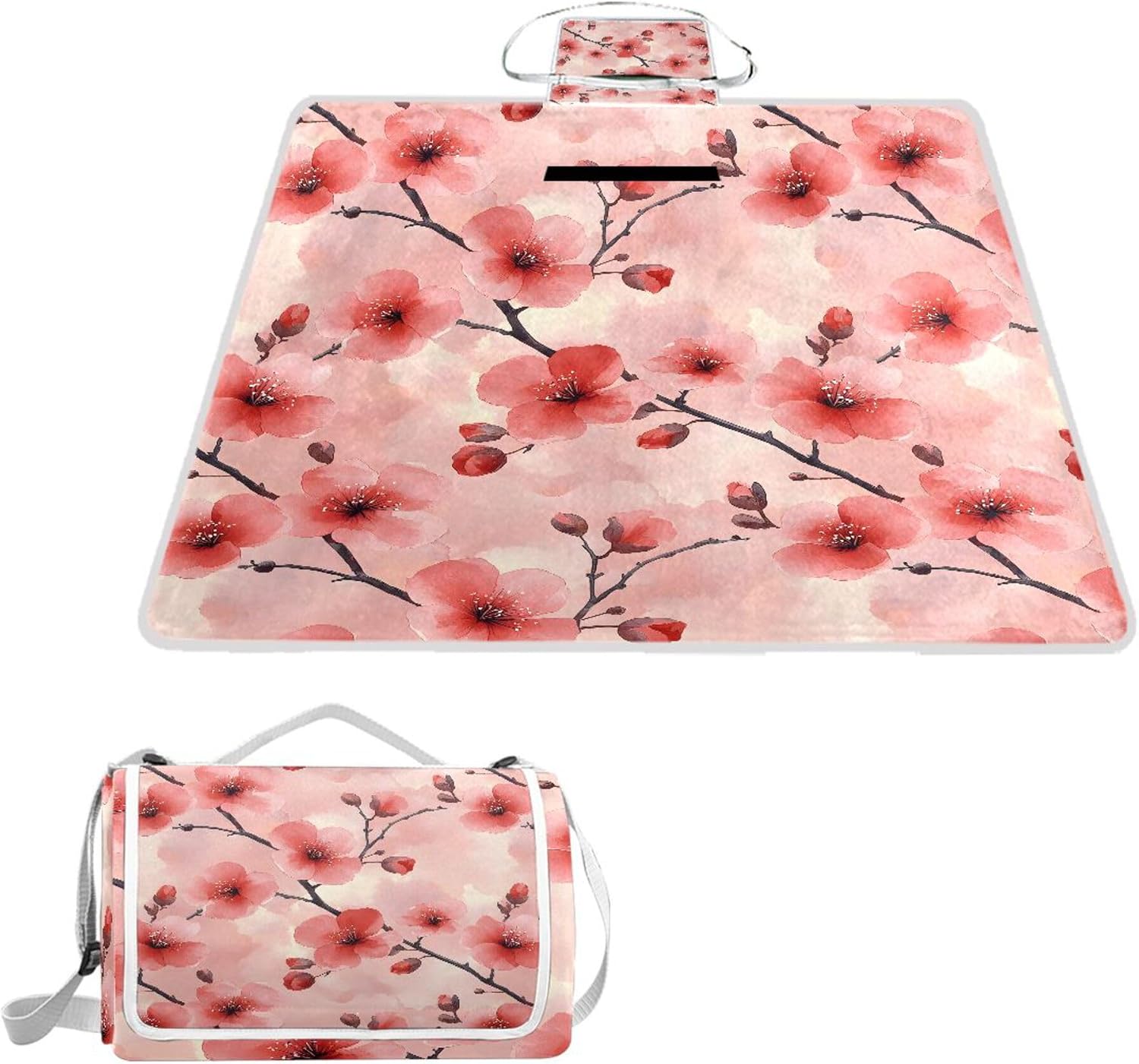 MNSRUU Picnic Blanket Waterproof Foldable, Watercolor Plum Blossom Large Outdoor Picnic Blanket Beach Blankets Camping Blanket Travel Mat, Shoulder Strap Tote, Rectangle 57x59in
