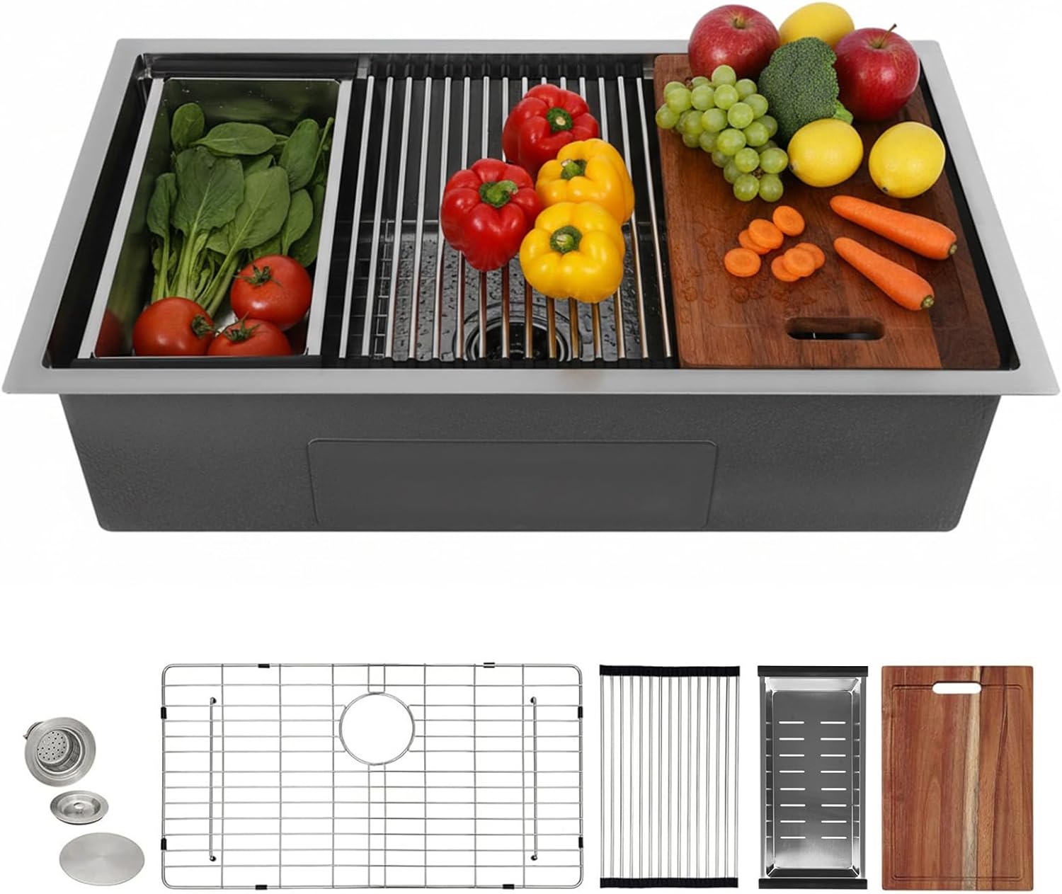 Generic 33 Inch Undermount Kitchen Sink Handmade Modern Integrated Ledge Workstation 16 Gauge Superior Drain Kitchen Sinks Fast Drain with Ledge & Accessories