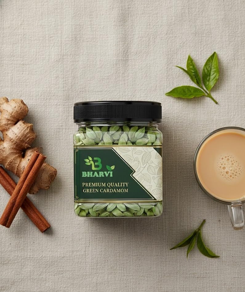 Image of Bharvi Green Cardamom, Whole Spice Pods, Natural Aromatic Elaichi for Cooking, Tea, Baking and Desserts (50GRAMS)