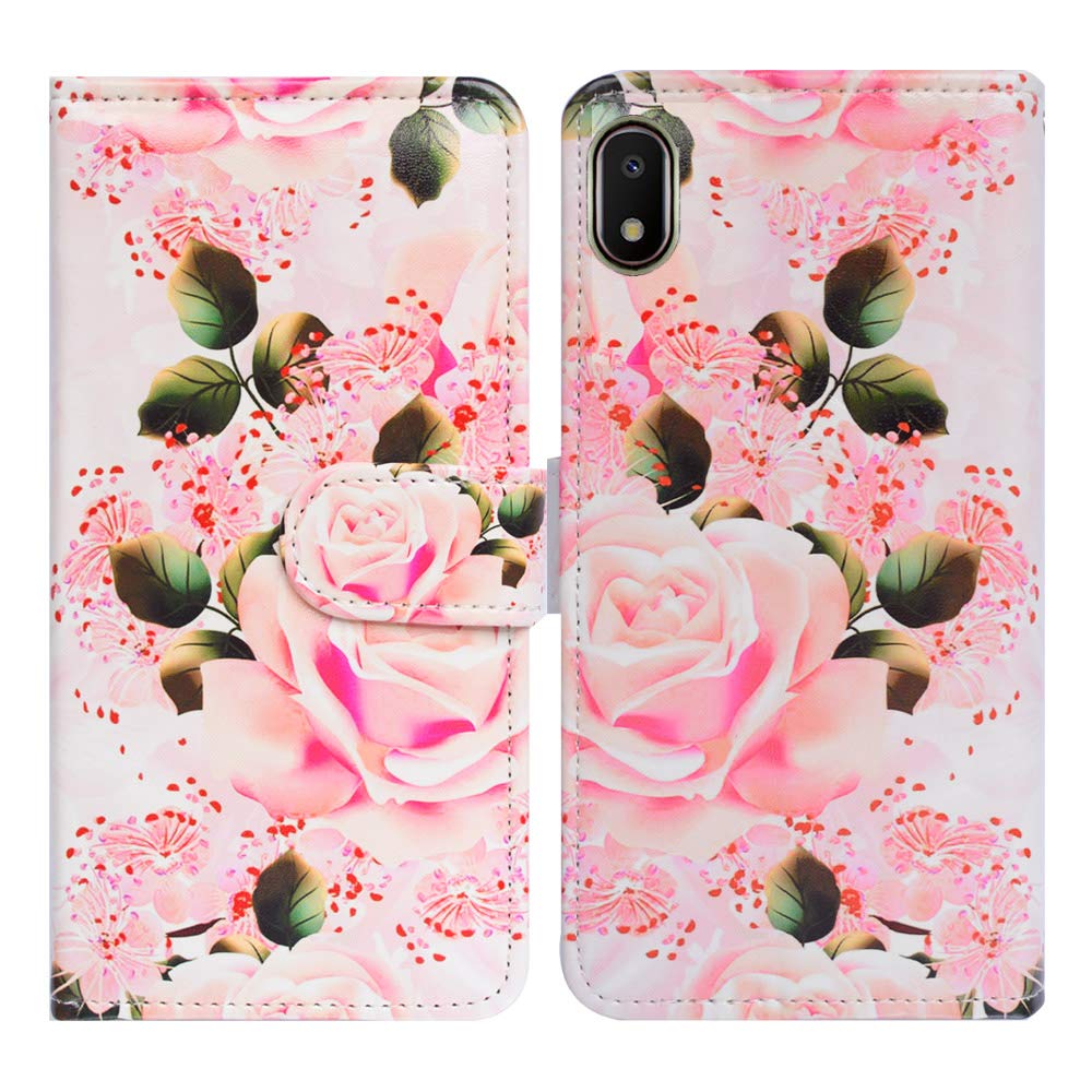 Bcov Case for Galaxy A10e, Pink Rose Flowers Flip Leather Case Wallet Cover with Credit Card Slot ID Card Holder Kickstand for Samsung Galaxy A10e