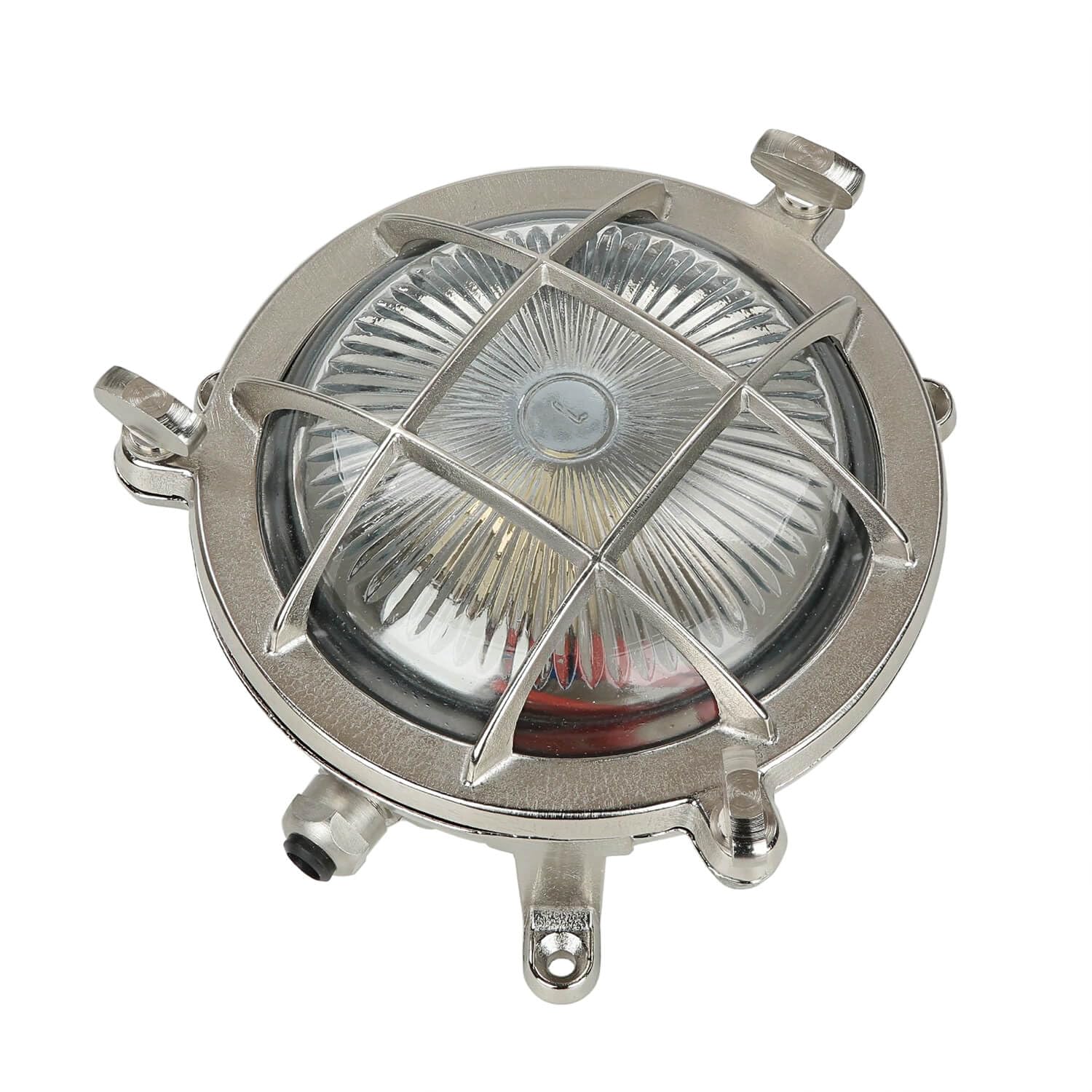 Licht-Erlebnisse Außenwandleuchte Messing Glas in Nickel matt IP44 Garten Balkon Ø14 cm G9 Maritime Schiffsleuchte Outdoor Wandlampe Terrasse SERIFOS