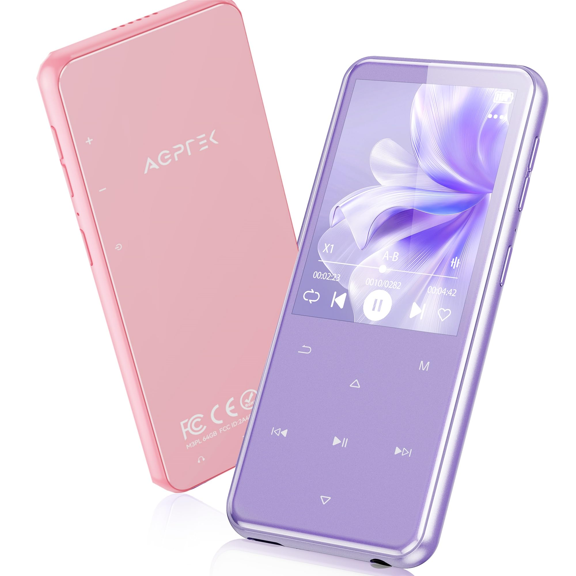 AGPTEK 64Go MP3 Bluetooth avec Haut-Parleur, 2.4" Grand Écran Lecteur MP3 en Métal Qualité Sonore HiFi Audio MP4 Baladeur Sport de Bouton Tactile Radio FM Enregistreur 60H de Musique - Violet et Rose