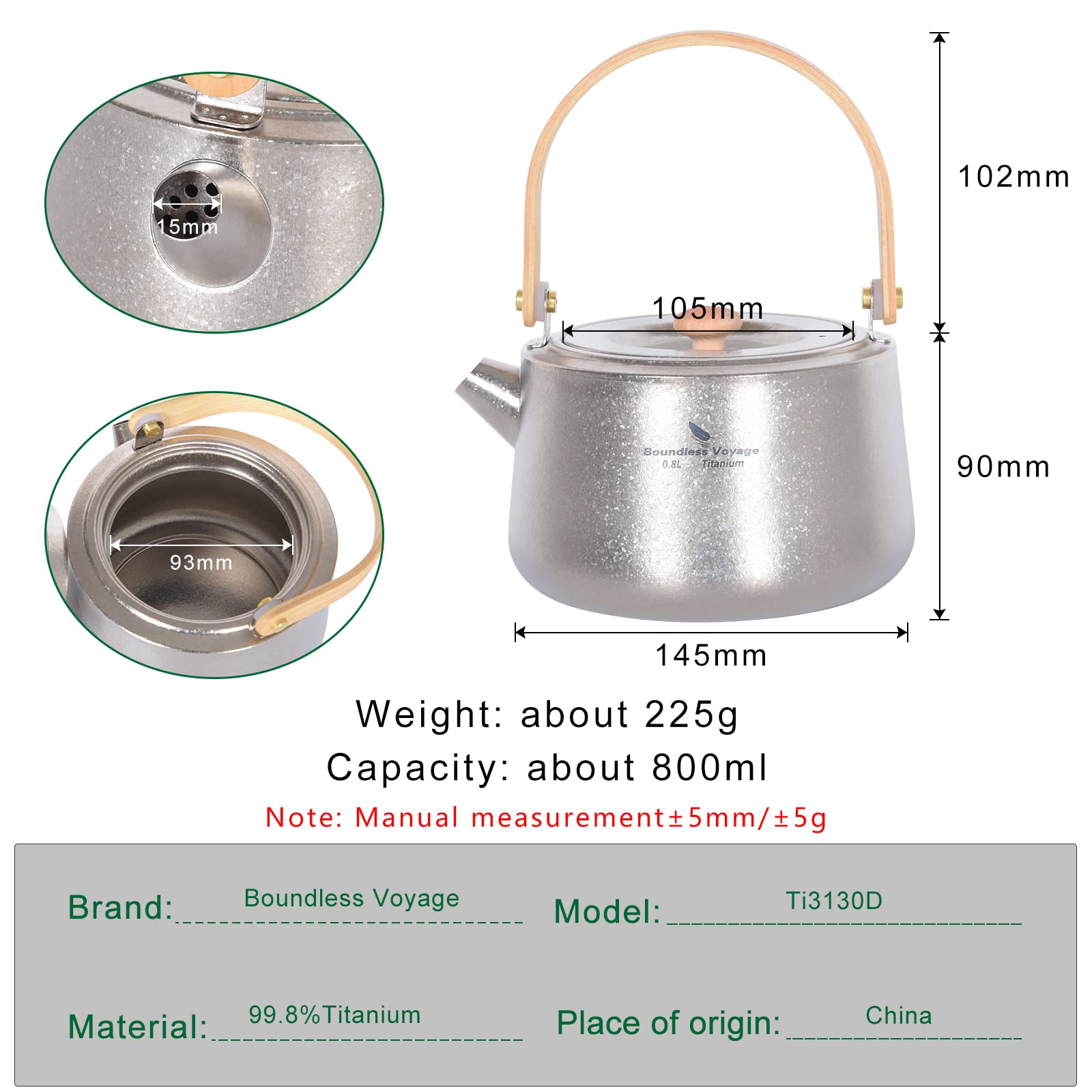 iBasingo 800ml Titanium Kettle with Wooden Folding Handle Ultralight Portable Teapot for Outdoor Camping Coffee Maker Hiking Backpacking Daily Use US-Ti3130D