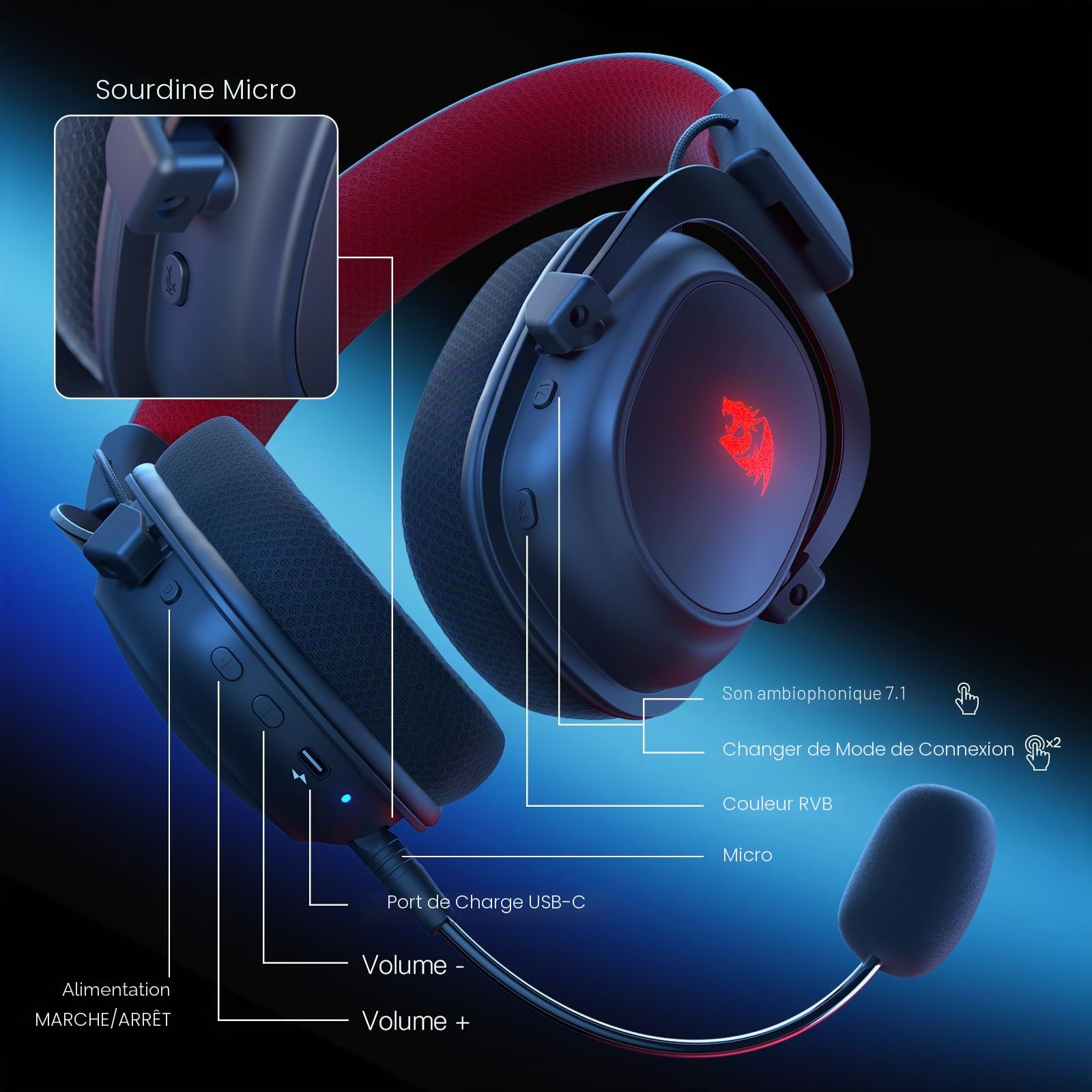 Redragon H510 Zeus X Casque Gamer sans Fil RVB 71 53mm USB Multi Plateforme | Casque gamer sans fil son 71 pilotes 53mm coussinets mousse memoire RVB alimente par USB multi plateforme