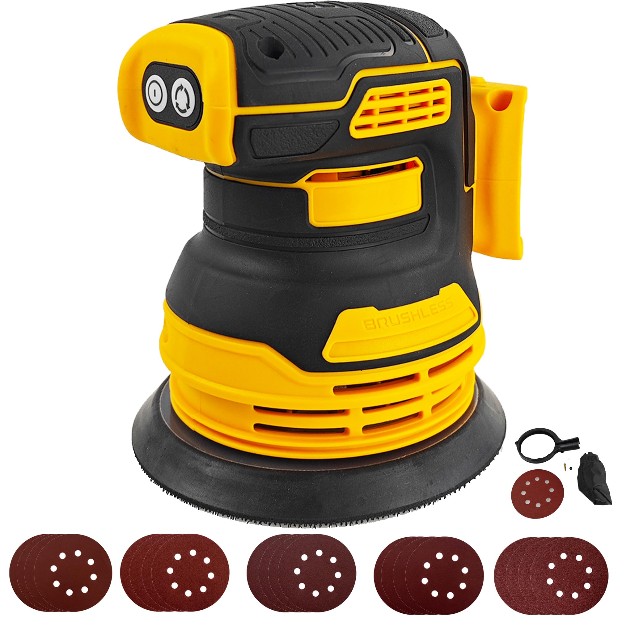 Brushless Random Orbital Sander for Dewalt 20V Battery, 5" Brushelss Electric Random Palm Sander with 20pcs 125mm Sandpaper, 3-Speed Rotation 8 Hole
