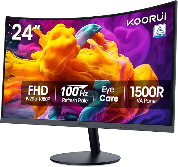 KOORUI 24 inch Curved Monitor, Full HD 1080P Curved Computer Monitor, 100Hz 1500R PC Screen, TÜV Rheinland Certified, HDMI VGA, Tilt Adjustment, LCD Display, Eye Care, Black 24N5CA