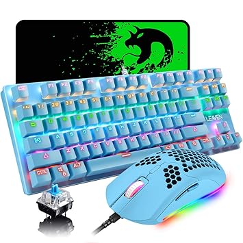 FELICON Gaming Keyboard and Mouse Combo?87 Keys Rainbow Backlit Mechanical Keyboard,RGB Backlit 6400 DPI Lightweight Gaming Mouse with Honeycomb Shell,Large Mouse Pad for PC Game(Blue)