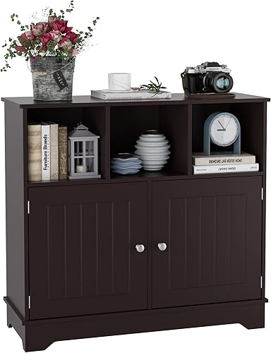 Miniatura 1 de HORSTORS Armario de baño armario de almacenamiento de piso con puertas y cubos abiertos gabinete lateral independiente para sala de estar dormitorio