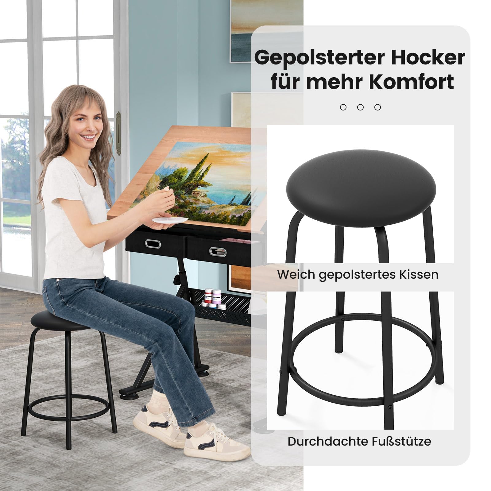 FANTASK Zeichentisch mit Hocker, Architektentisch höhenverstellbar, Schreibtisch mit neigbarer Tischplatte, Schülerschreibtisch mit 2 Schubladen, Arbeitstisch für Architekt & Künstler (Natur)