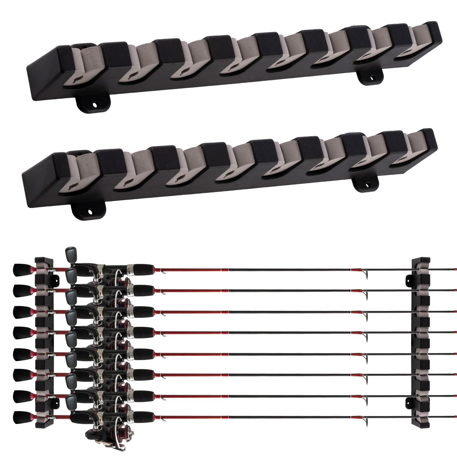 Dr.Fish1 Pair Wall Mounted Fishing Rod Rack Fishing Rod Pole Holder Wall Vertical/Horizontal for Storing 6 Slots/8 Slots, Complete with Accessories in Box for Home Garage Boat