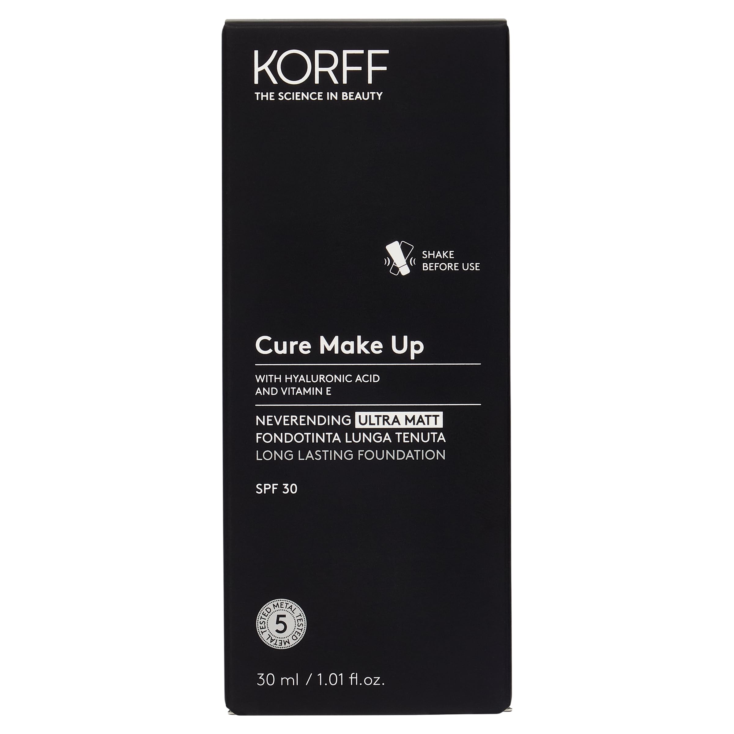 Korff Neverending Ultra Matt Fondotinta Lunga Tenuta fino a 8 ore, Effetto Matt, con Acido Ialuronico, Vitamina E, Amande, SPF30, 30 ml