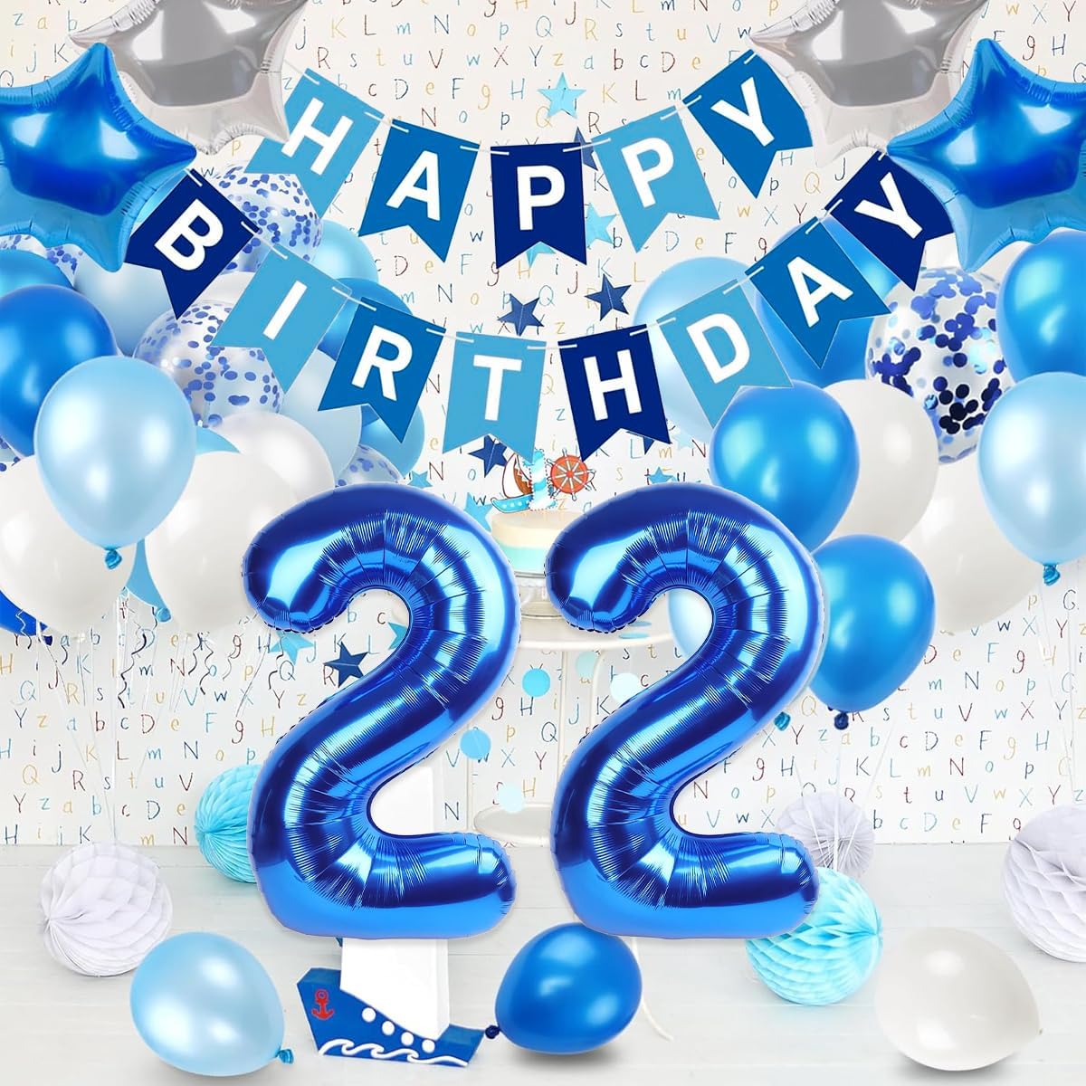 Happy 22 Birthday Decorations For Women Men, Blue Happy Birthday Banner, Blue 22 Balloon Number 40 Inch, 22 Birthday Balloons For Blue Birthday Decorations image 5