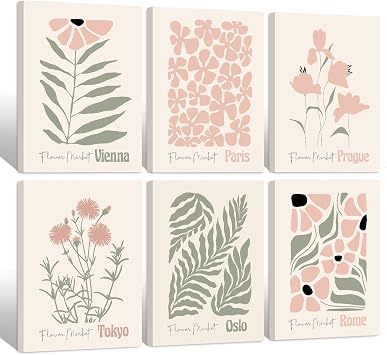 Baccone Boho Botanical Wall Art Prints Blush Pink Canvas Wall Decor Flower Market Wall Art Poster Abstract Aesthetic Pictures Pink Floral Artwork for Room Bedroom Set of 6 8x10 Inch Wrapped Canvas
