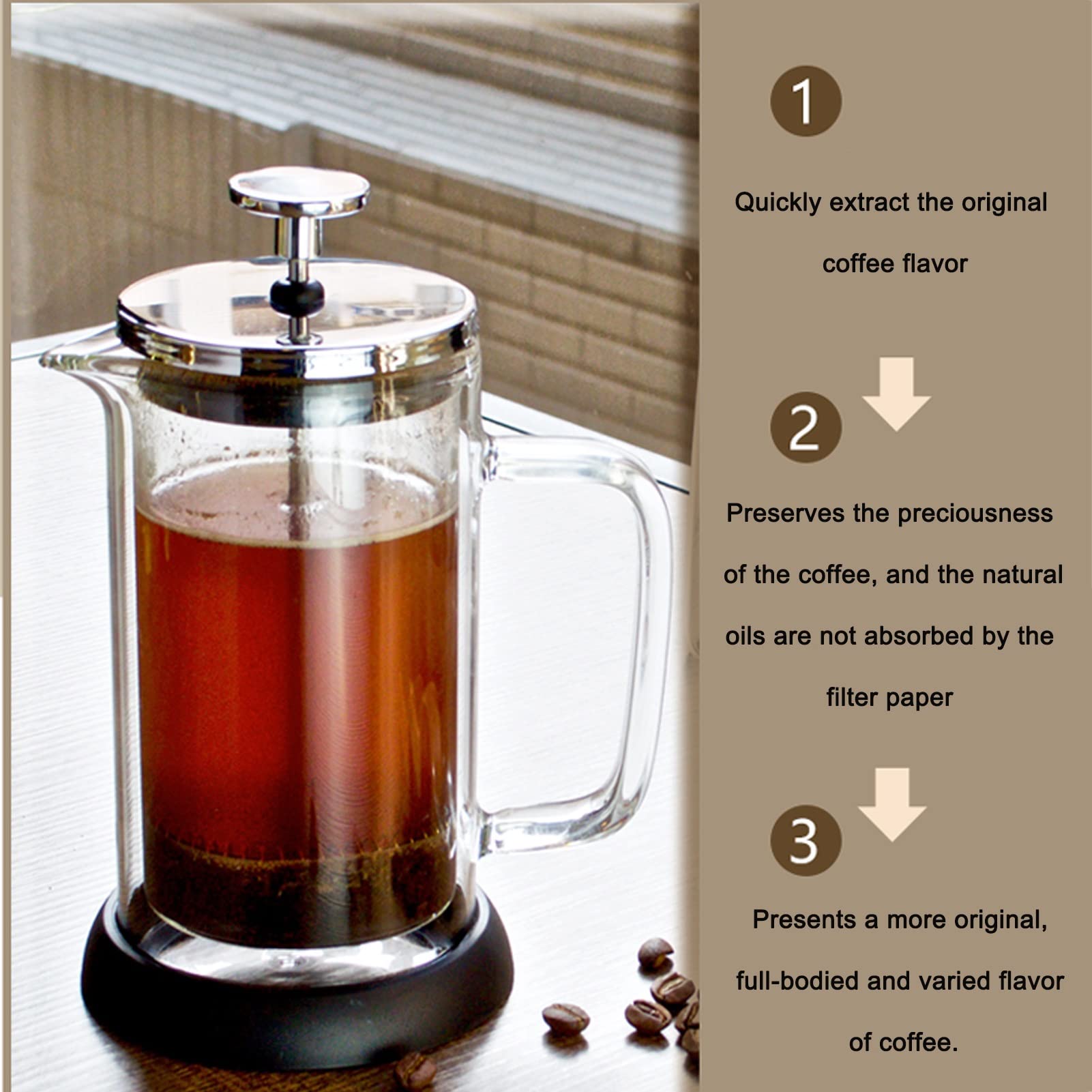 French Press Kaffeebereiter, 304 Durable Edelstahl Hitzebeständige Borosilikatglas Kaffeepresse Teepresse Mit 3 Filtern, Abnehmbar Leicht Zu Reinigen, Kaffeekanne Für Camping Reisegeschenke