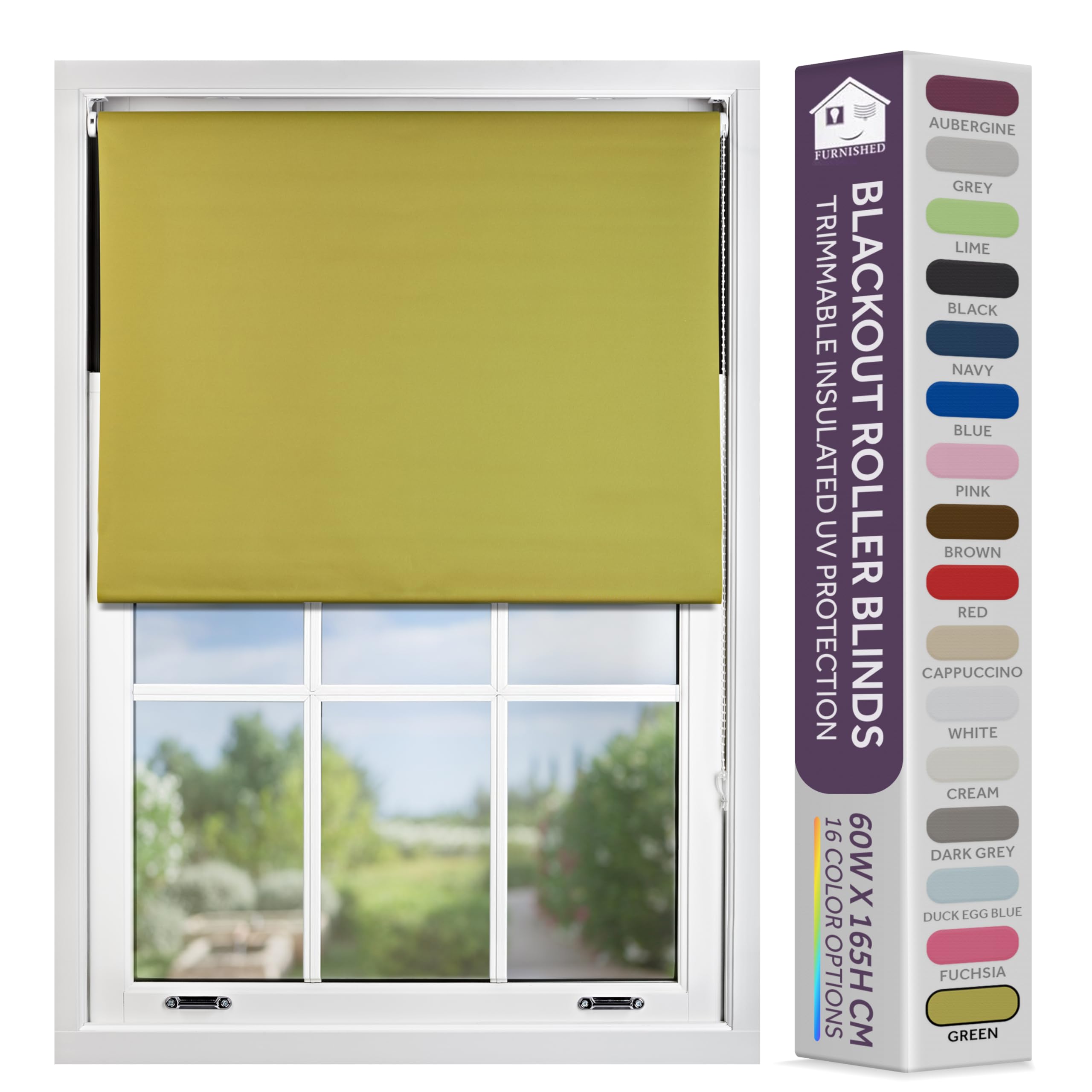 FURNISHED Blackout Roller Blind with Metal Fittings Trimmable Insulated Thermal Fabric Heavy-duty Easy Install Brackets Window Roller Blinds - Green, 195W x 165H cm
