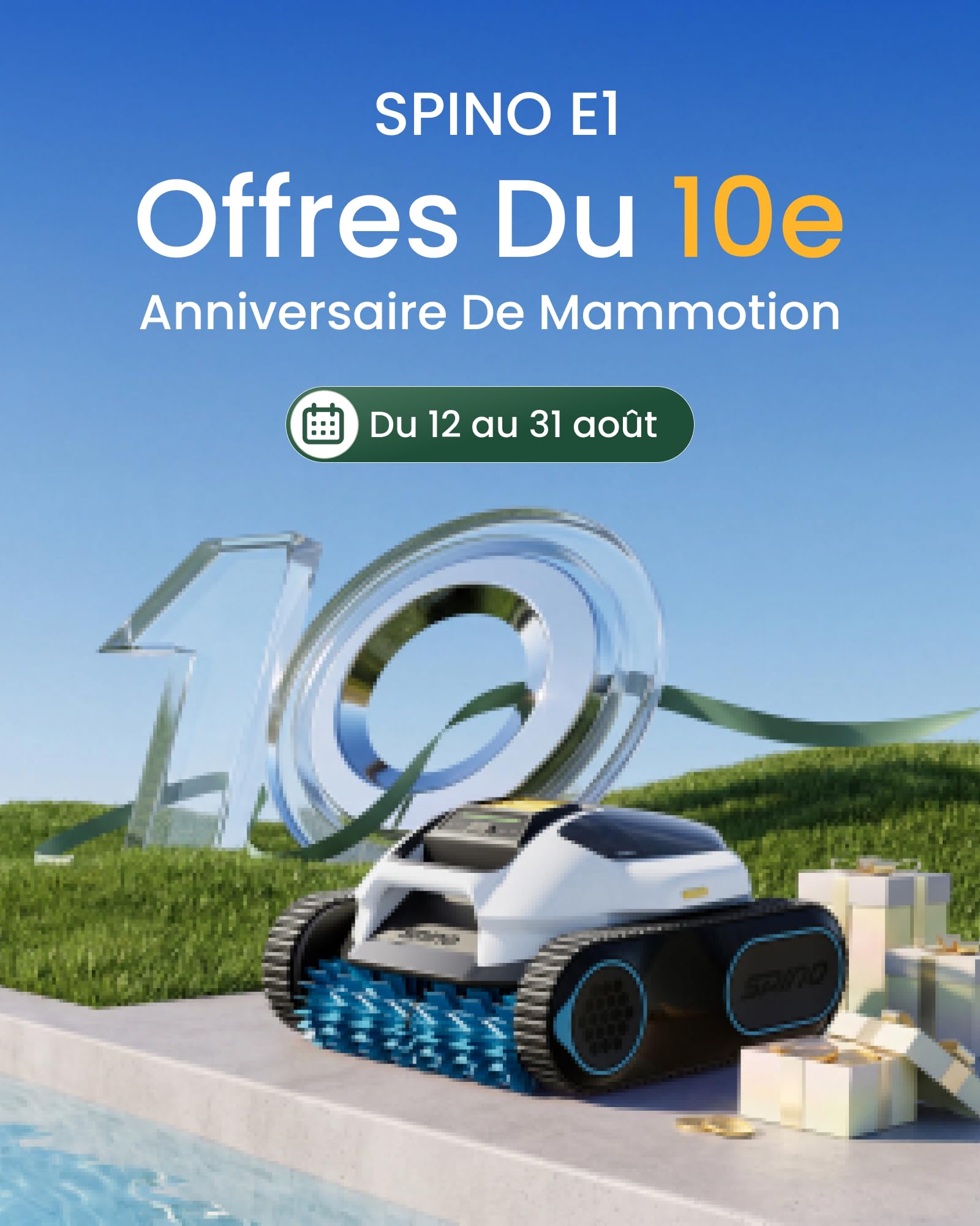 SPINO E1 Robot Piscine Fond et Parois, Ligne d'eau | Autonomie de 210 Min, 21950 LPH Max, 5 Modes, Navigation Trajet SmartArc, Contrôle par App, pour Piscines 150㎡