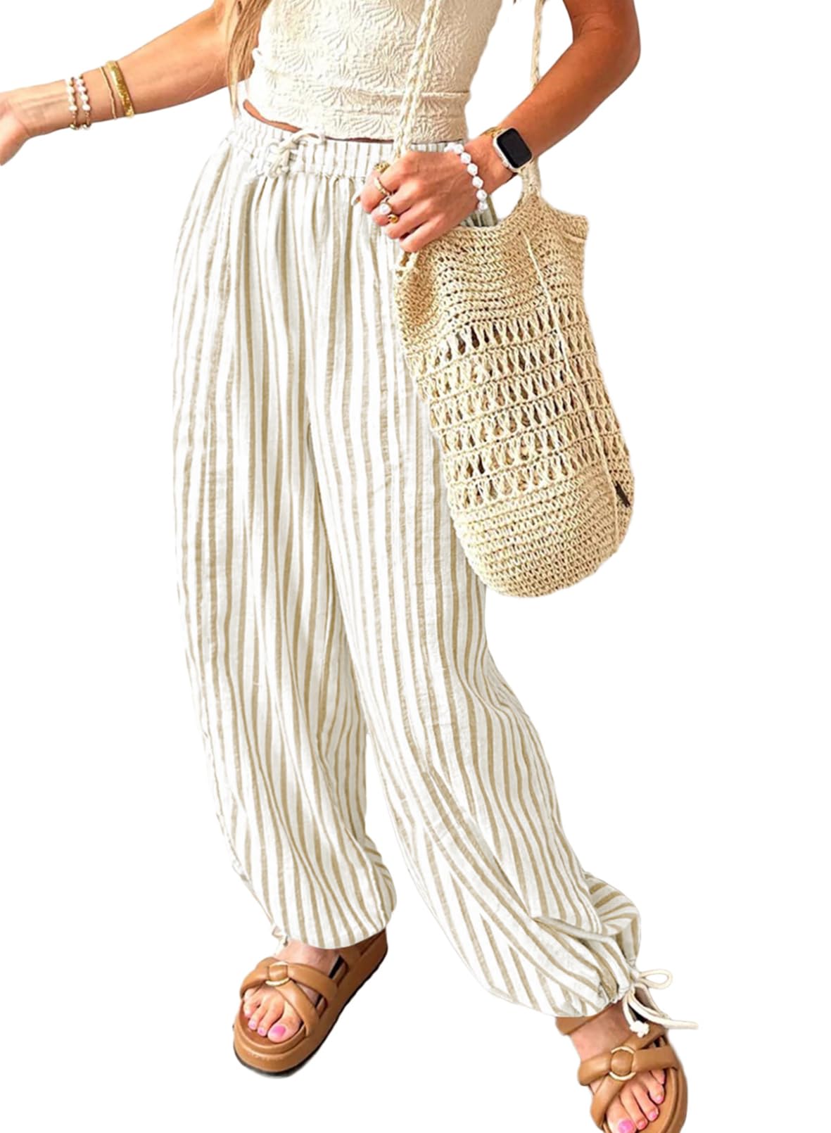 Acelitt Women Drawstring Elastic Waist Striped Pants with Pockets S-XXL