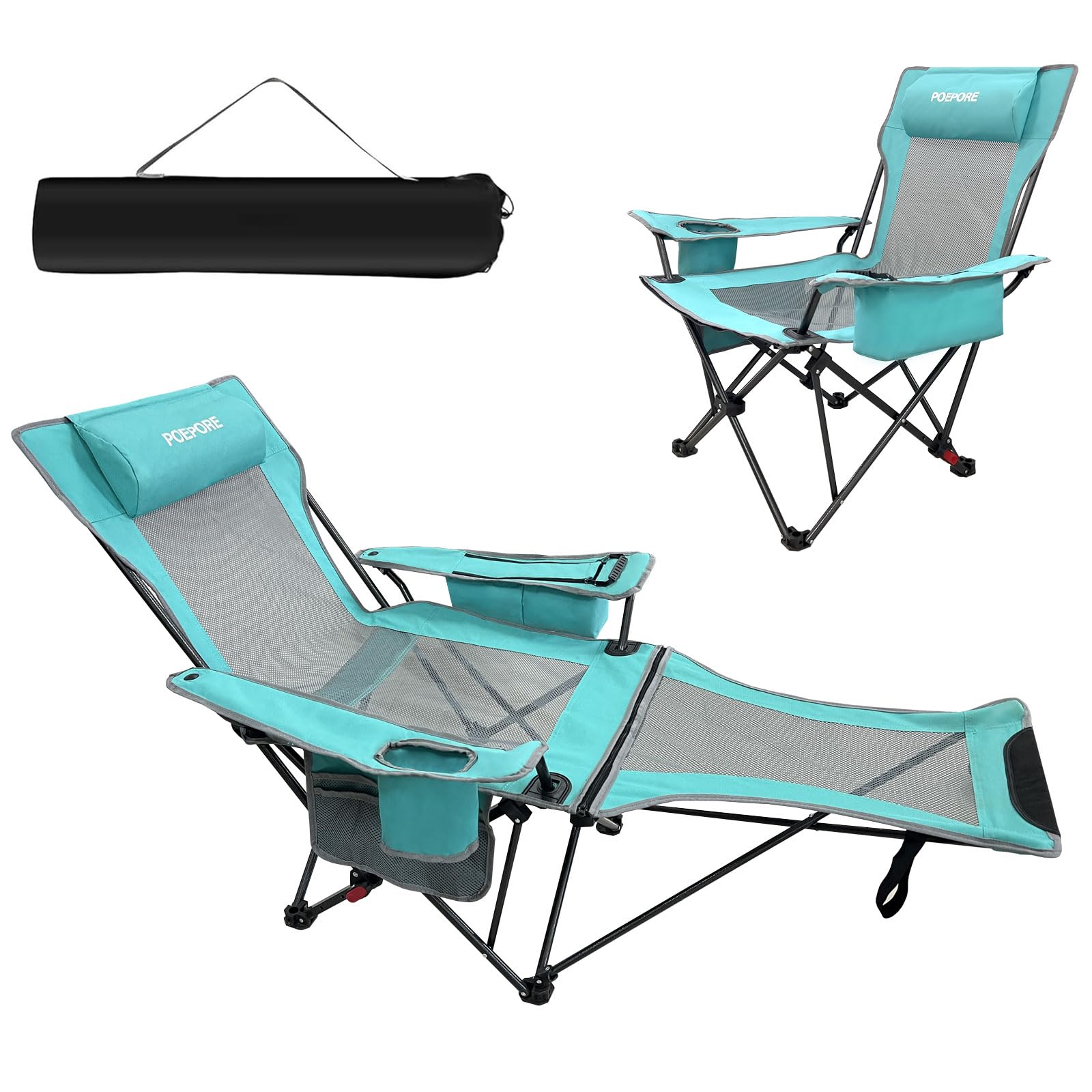 POEPORE Reclining Camping Chair 4 Position with Foot Rest Comfortable for Adults 265Ibs Folding Lounger Mesh Beach Chair with Cooler Bag and Cup