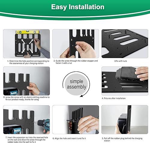 Miniatura 5 de Demao Soporte de pared para baterías Makita de 18 V 14.4 V y cargadores, soporte estable de 4 baterías y soporte para cargador, taladro de batería