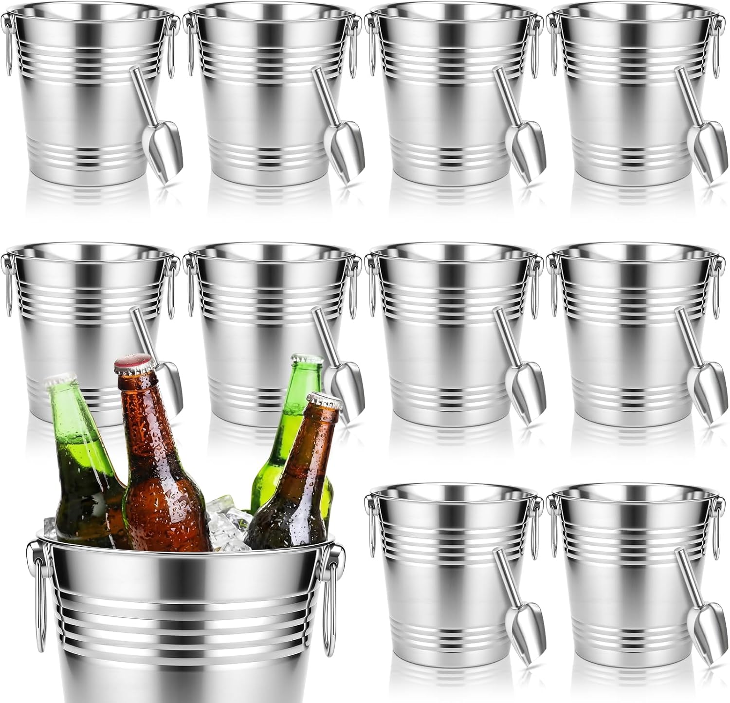 meekoo 10 Set 5.3 QT / 5 L Ice Bucket with Scoop Bulk, Stainless Steel Champagne Ice Bucket for Parties Insulated Wine Chiller Buckets with Handle to Keep Frozen Longer, Ideal for Cocktail Bar Wine