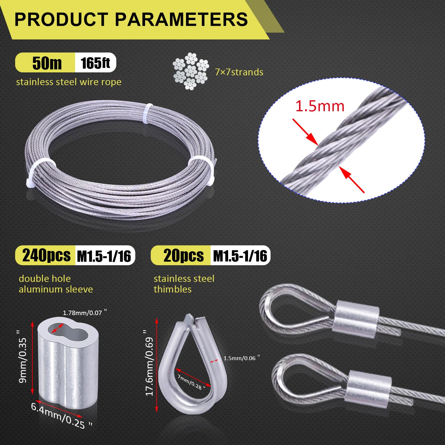 Crimping Inch×328ft Stainless Aluminum Thimbles Twidec/220PCS Aluminum Crimping Loop Sleeve 1/16" Wire Rope Sleeve Crimping Sleeves