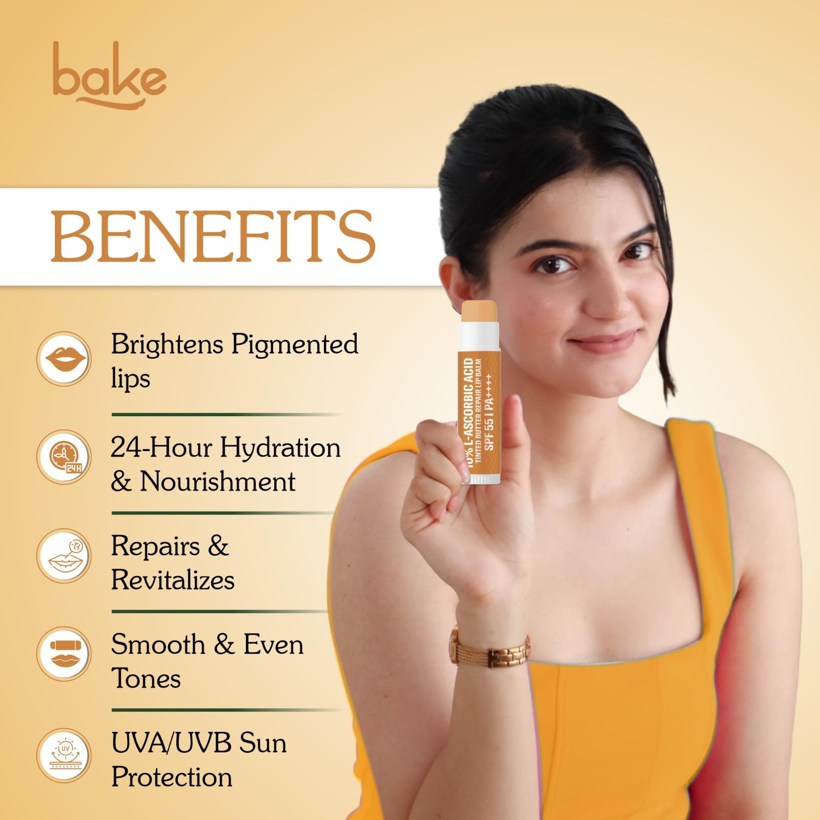 BAKE 10% L-Ascorbic Acid Tinted Butter Brightening Lip Balm Spf 55 Pa++++ With Kojic Acid 24 Hour Moisturization - Image 4