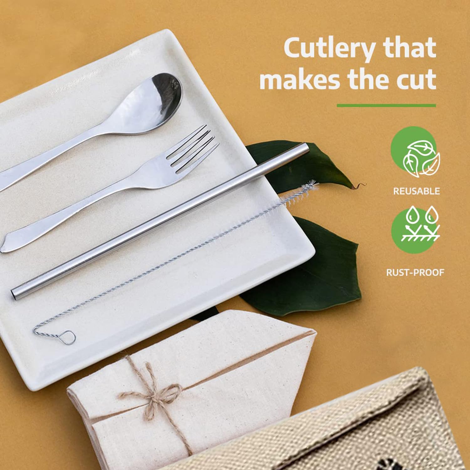 Rusabl Cutlery Set of 5, Spoon, Fork, Straw, Brush, Napkin with Jute Pouch 4