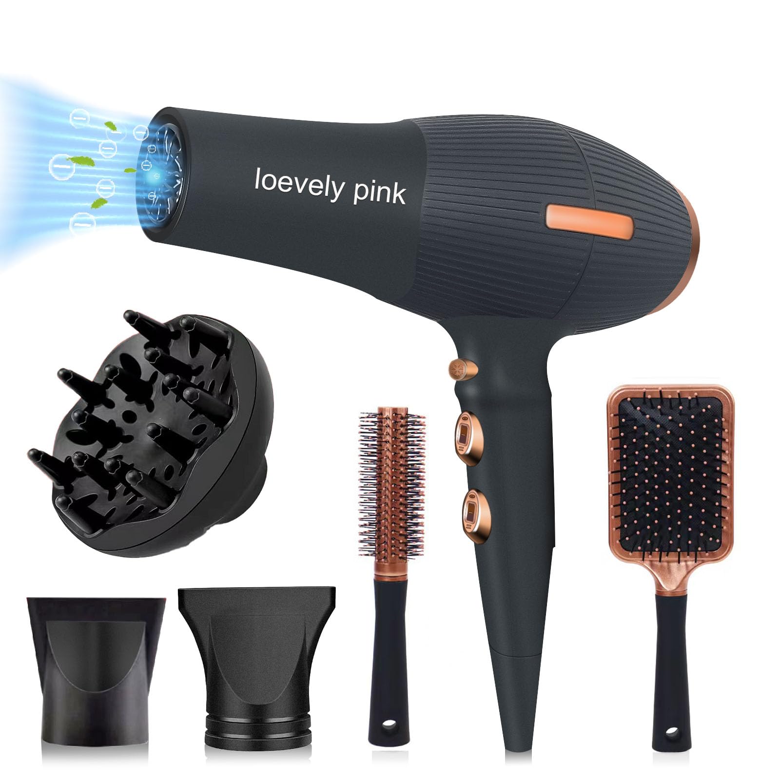 Asciugacapelli, asciugacapelli professionale agli ioni con motore AC, 2400 W, asciugacapelli con diffusore, tasto caldo/freddo, 3 livelli di riscaldamento e 2 velocità, asciugacapelli ideale per la