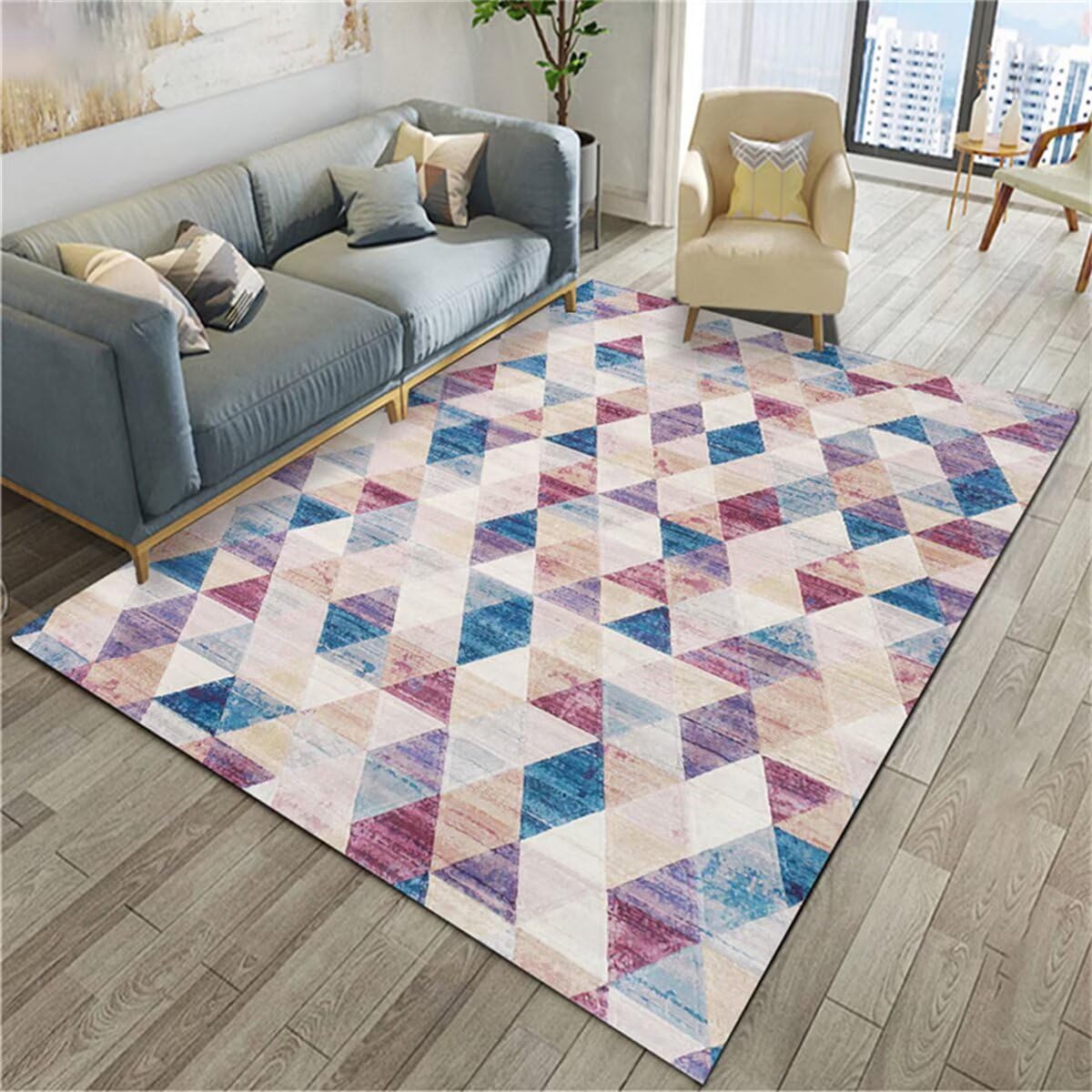 Tapis bleu violet 170x240cm à motif géométrie rétro pour chambre