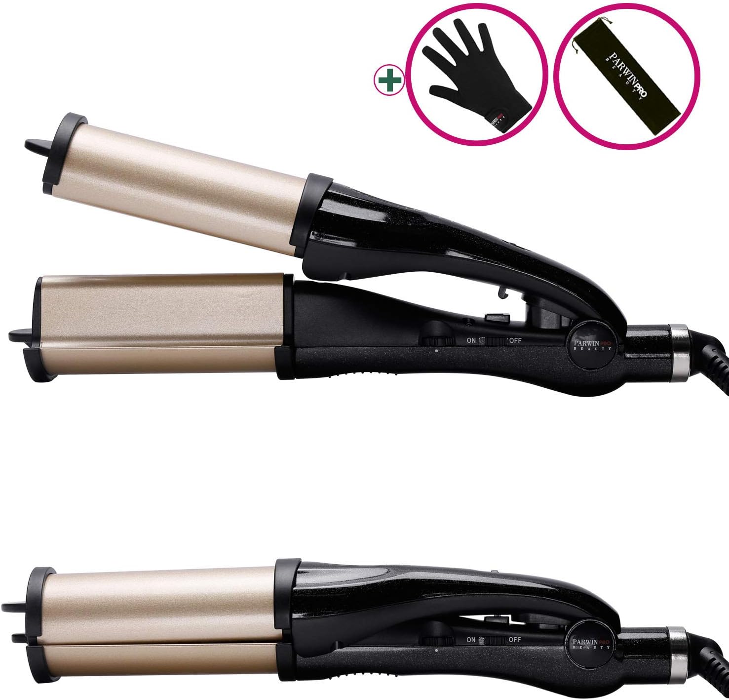 PARWIN PRO Deep Waver Curling Wand 2 in 1 Professional Hair Curler with Heat Settings, Anti-scalding Insulated Tip & Heat Resistant Glove for Big Wavy Hair Styles, Golden