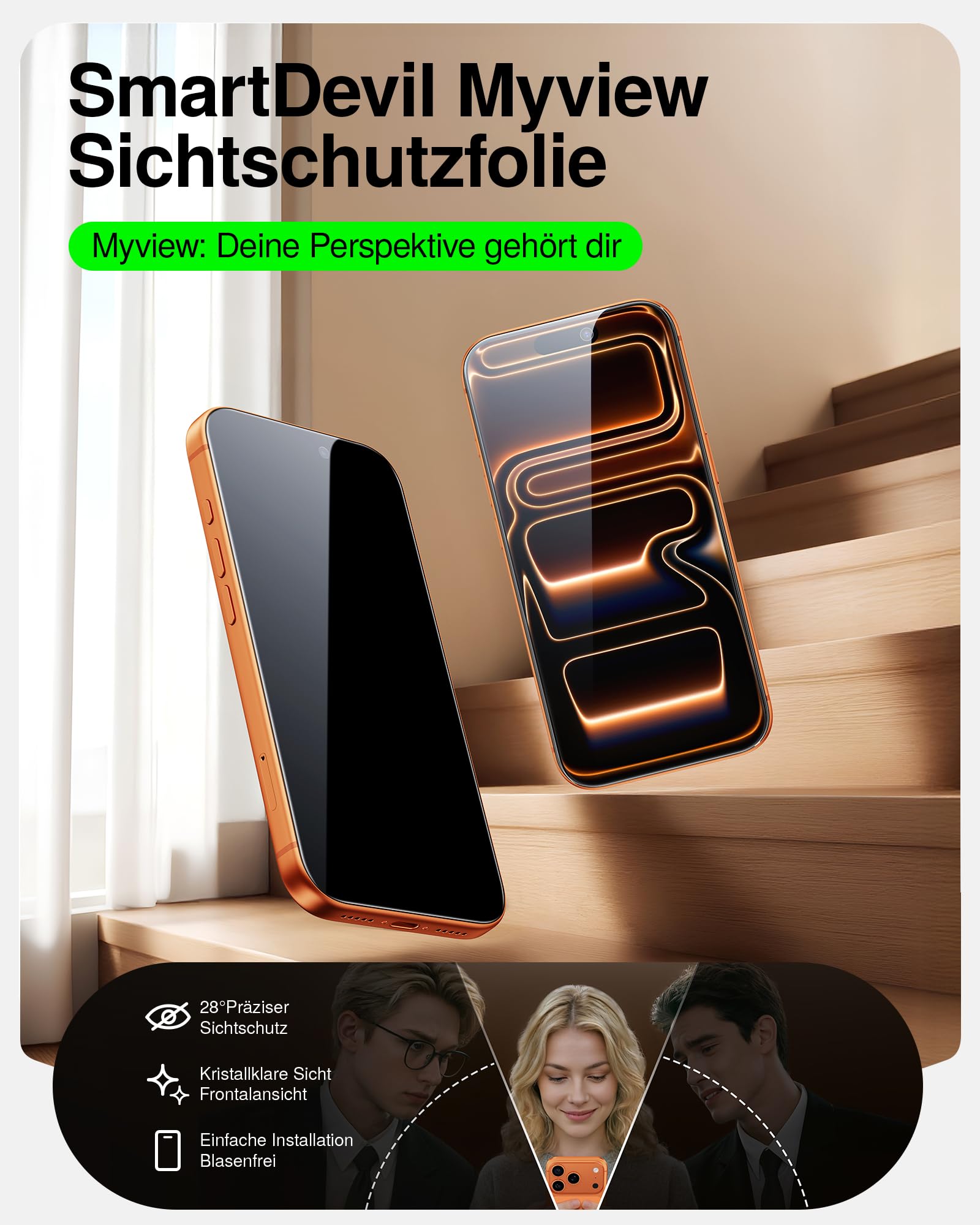 SMARTDEVIL 2 Stück Panzerglas für iPhone 17 Pro, Blickschutz Schutzfolie, Militärischer Fallschutz, 9H Härte, Anti-Spy Privacy Glas, Schnelle & Einfache Installation, Hüllenfreundliches Design