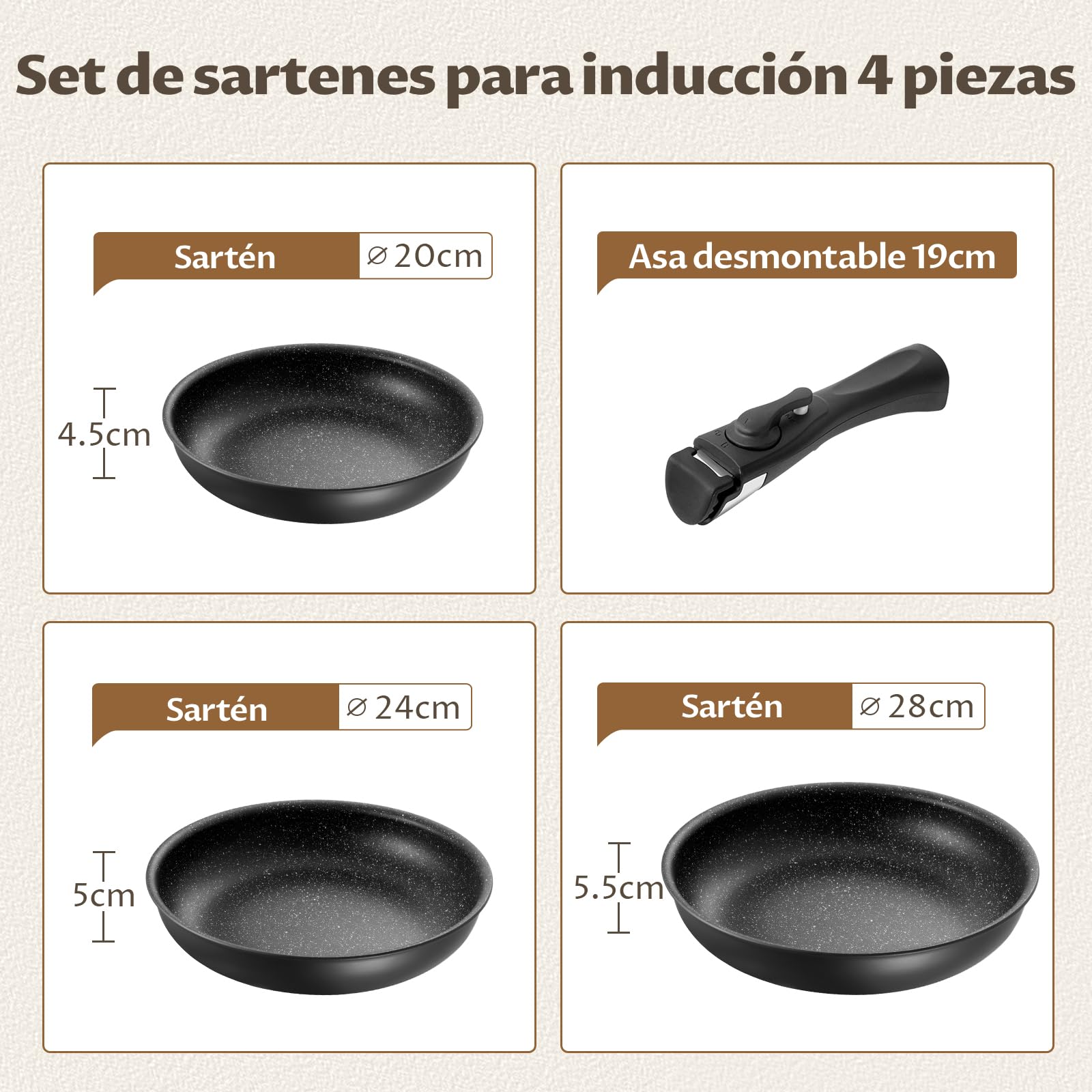 Fadware Juego de Sartenes Antiadherentes con Mango Extraíble, Sartenes para Inducción y Todo Tipo de Cocinas, Apilables para Ahorrar Espacio en Cocinas Pequeñas y Campers, Aptas para Horno hasta 230°C | Sartenes para Todo Tipo de Fuegos, Apilables para Ah