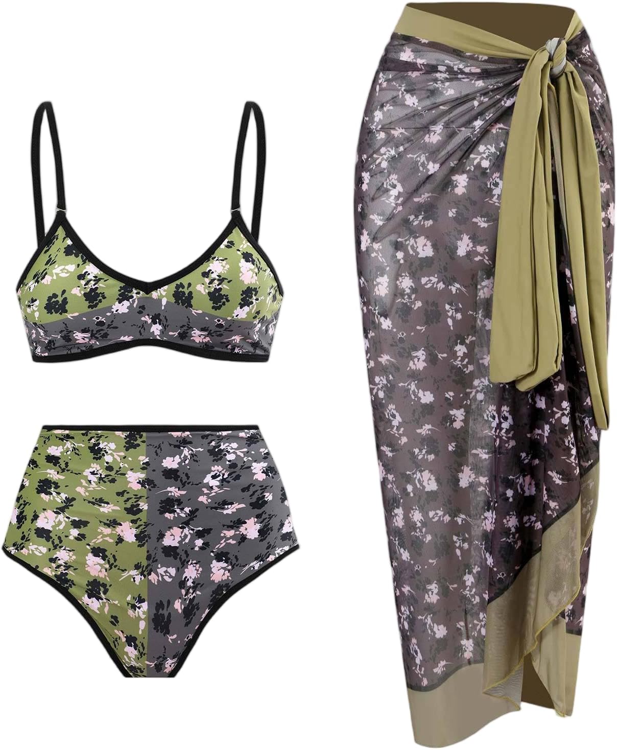Women's Sexy Strappy Printed Three-Piece Swimwear Set with High-Waisted, Figure-Flattering Beachwear