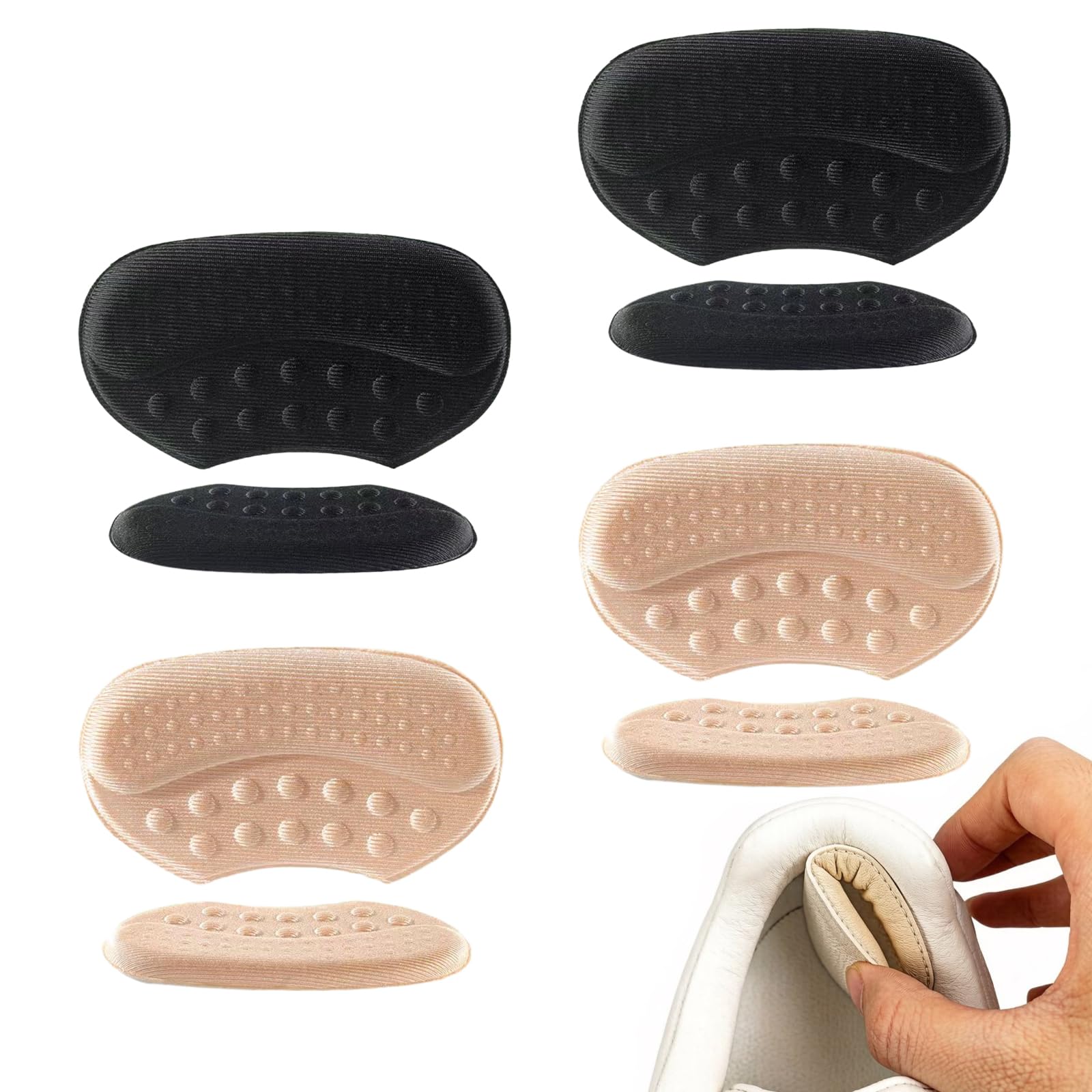 4 Pares de Taloneras para Zapatos, Reductor de Talla Zapato y Protector de Talón contra Rozaduras, Almohadilla Talón Autoadhesiva para Zapatos Grandes, 2 Grosores (3mm y 6mm), Negro y Beige