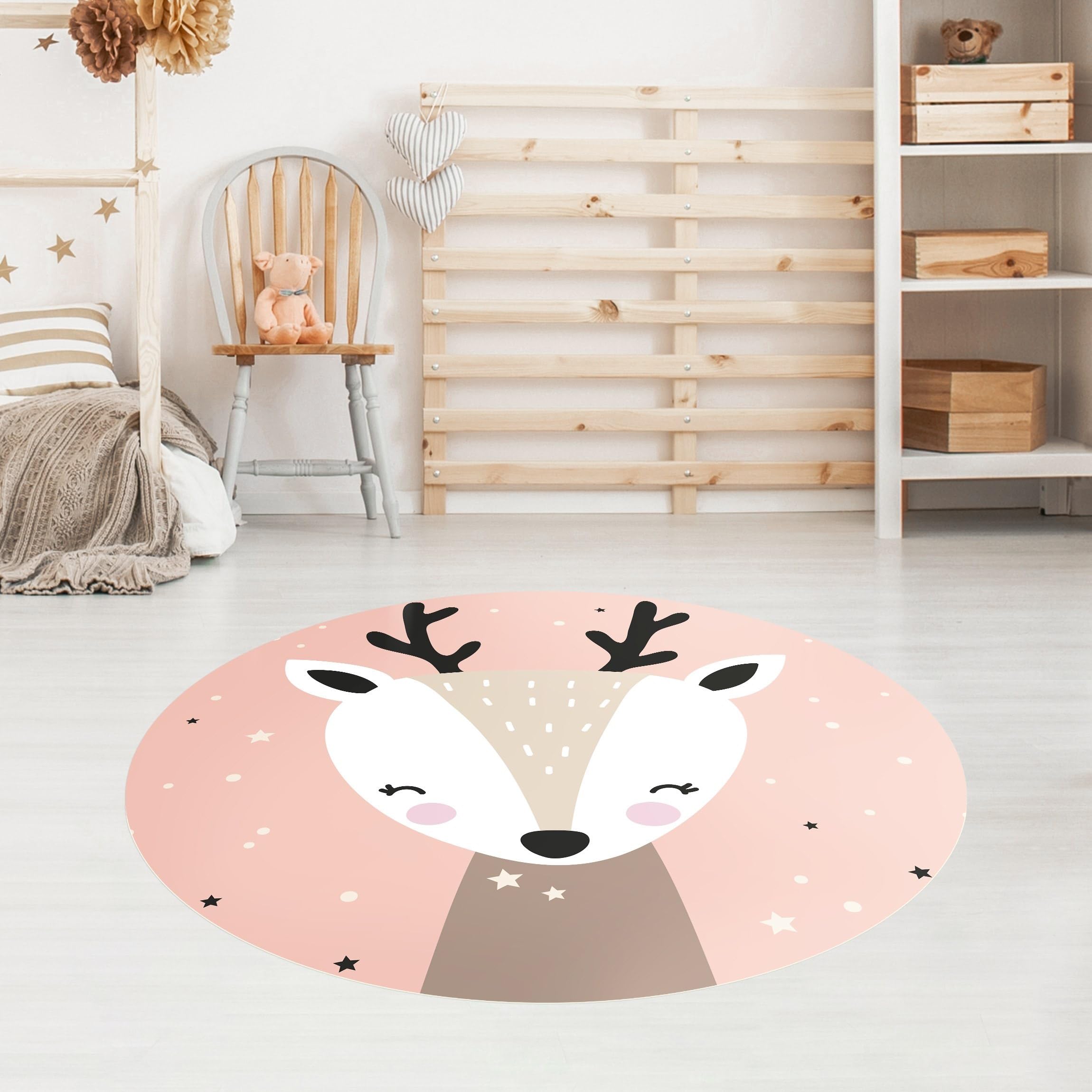Tapis en Vinyle Rond essuyable à l'eau Animaux Collage sans Bulles Protection de Sol cerf Tapis antidérapant Rose Illustration Chambre Enfant bébé Fille garçon 1784 (80x80cm)