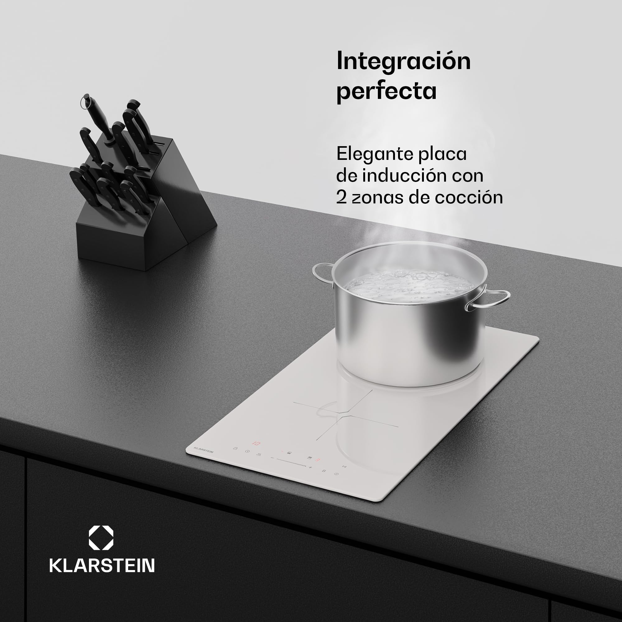 Klarstein PowerGlide Placa Inducción 30cm - 2 Zonas, 3500W Boost, Control Deslizante Táctil, Temporizador, Bloqueo Infantil, Vitrocerámica, Cocina Inducción Compacta, Blanco