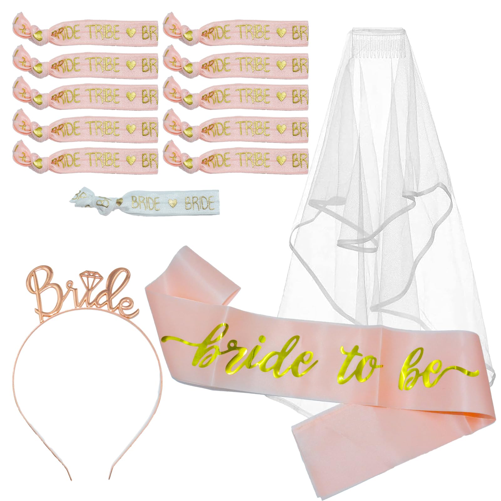 GIEEU Banda y velo para novia con peine, diadema de novia, pulsera de novia de equipo, accesorios de decoración de novia para despedidas de soltera, fiesta de boda y despedida de soltera