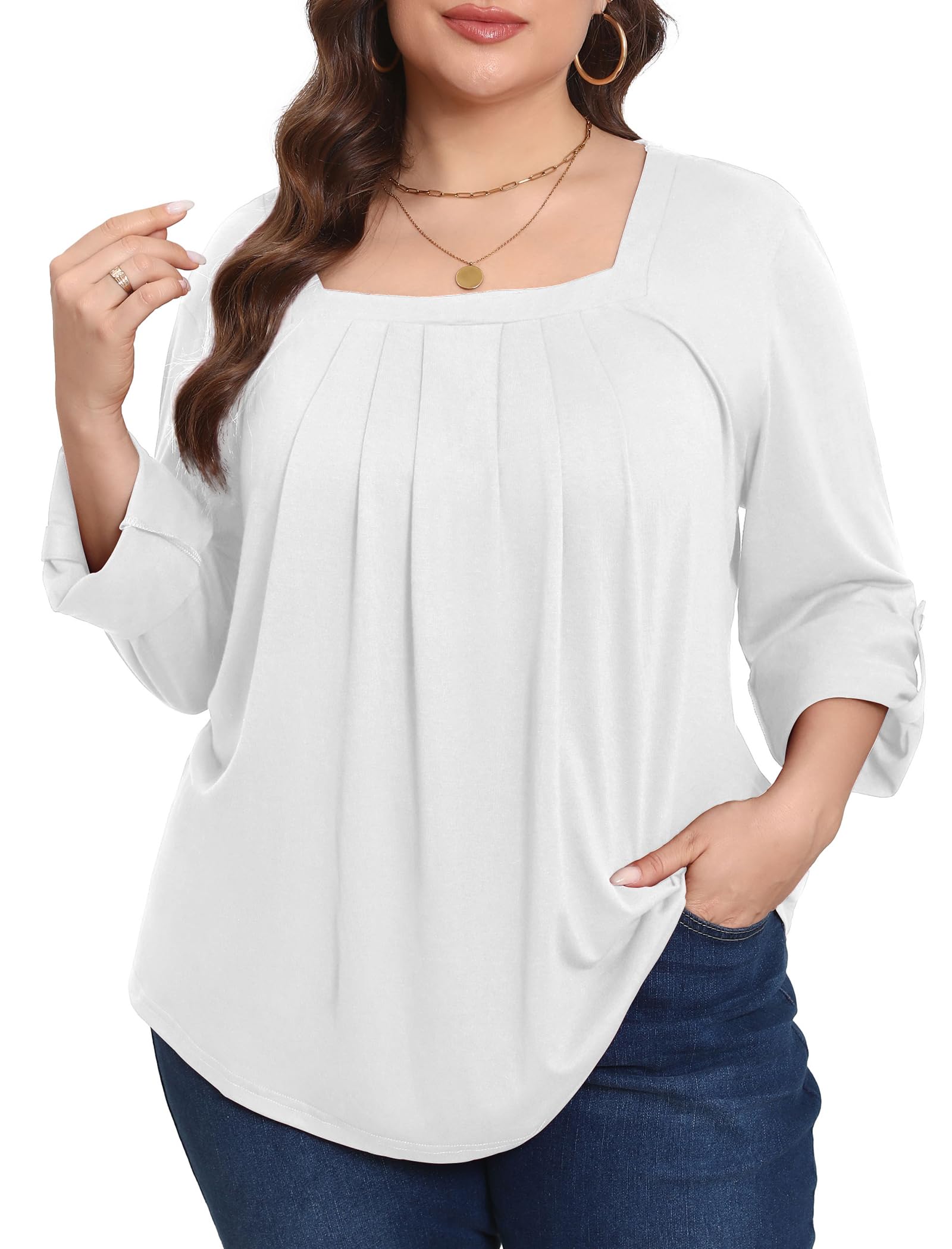 YGJIEGENG Plus Size Tops for Women 3/4 Sleeve Square Neck Tunic Casual Loose Fit Shirts Blouse L-4XL