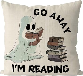 GAGEC Halloween Pillow Covers 18x18 Inch Go Away Im Reading Throw Pillow Covers Ghost Holiday Farmhouse Pillowcase Couch Cushion Case for Indoor Outdoor Home Sofa Decor