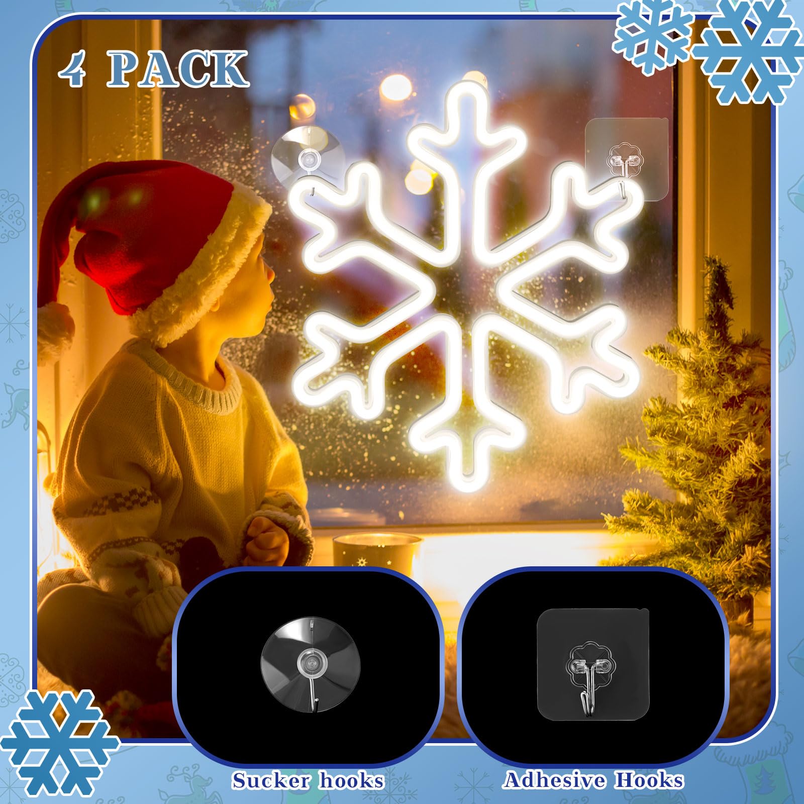 VIHOSE 4 Stück Weihnachts-LED-Schneeflocken-Fensterlichter 31,5 x 25,9 cm Neon-Schneeflocken-Silhouettenlicht mit Haken, USB- und batteriebetrieben, Weihnachtsdekoration, zum Aufhängen für Fenster,