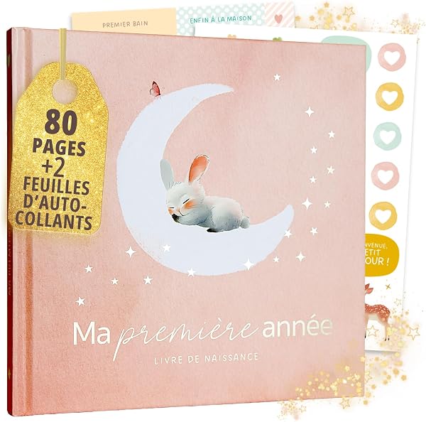 Livre de naissance Ma première année + set d’autocollants I Album photo bébé avec lettrage or I 80 pages à remplir I Cadeau de naissance pour fille et garçon I Cadeau spécial bébé (Rose) - 1