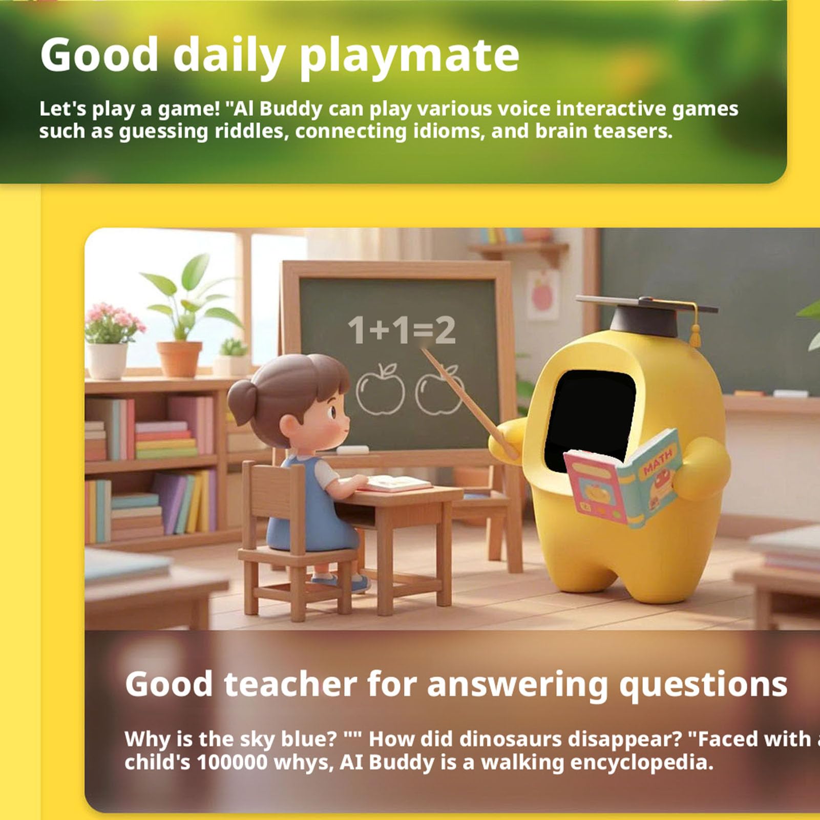 SIXRUN Robot de Voz AI, Juguete Interactivo Inteligente ABS con 37 Idiomas, Pantalla Redondeada HD, Juegos de Reloj Despertador, Colgante Portátil para Niños en Casa, Viajes, Escuela (Yellow)