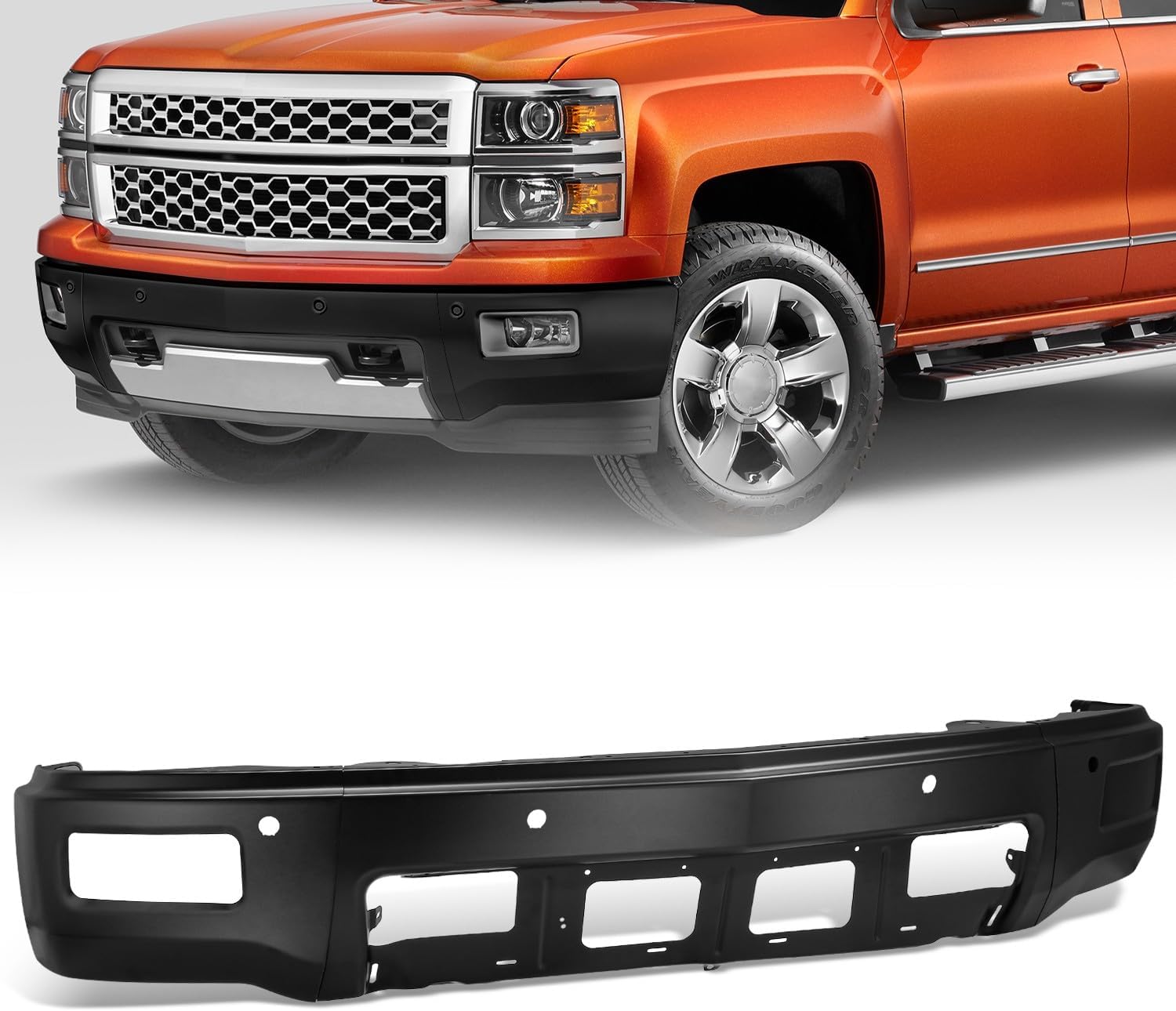 Steel Front Bumper Cover Face Bar Compatible with 2014–2015 Silverado 1500 3-Piece Modular Design with Fog Lights and Parking Aid Sensor Holes Matte Black GM1002853 22944857