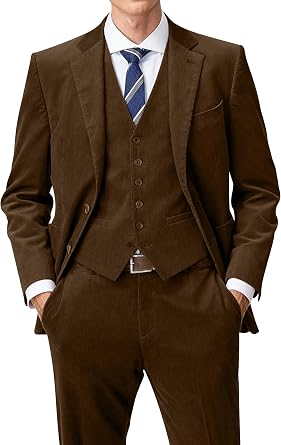 Mens 3-Piece Corduroy Suit Set Blazer Vest and Pants Wool Blend for Fall Winter Wedding Business Prom