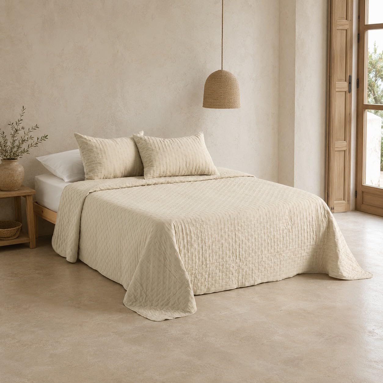 GAMUSI Colcha Cama 180 cm Ligera Entretiempo Primavera Verano Acolchada, 270x270 cm, Color Beige