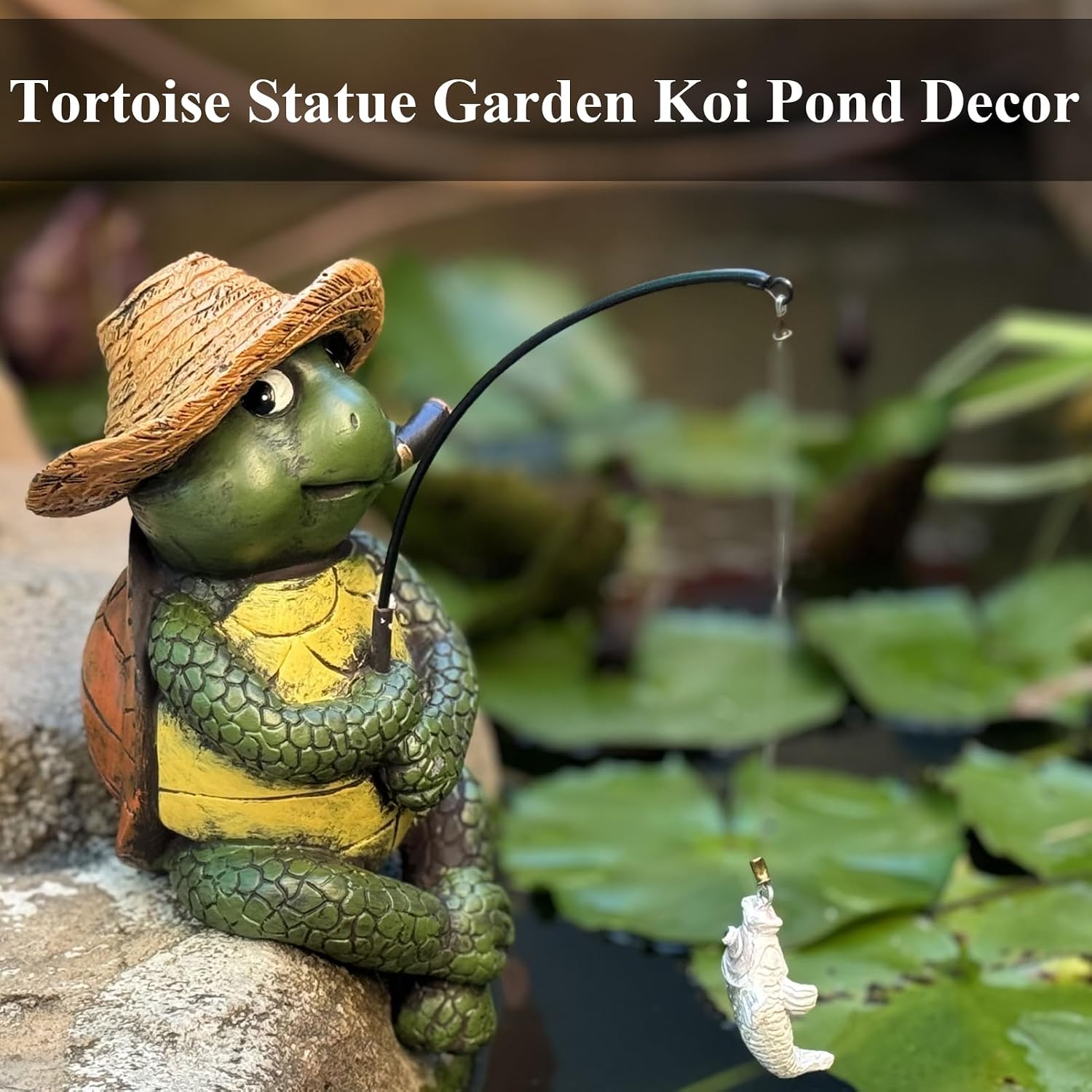 Garden Tortoise Pond Statue Decoration, Fishing Turtle Outdoor Statues for Koi Pond or Waterfall Decor, 9.5" Figurine Poolside Statue, Outdoor Decor, Gifts for Mom image 5