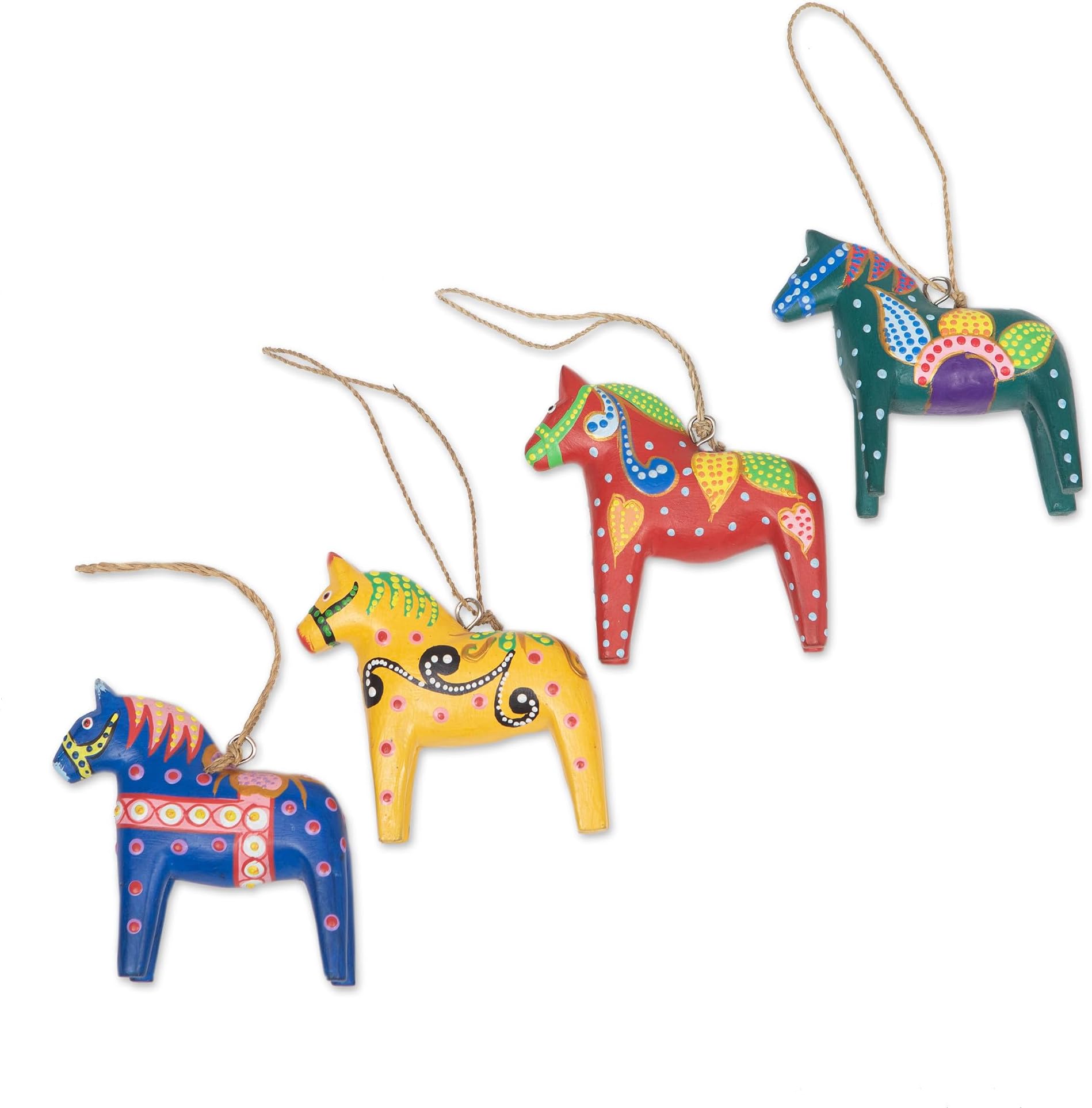 NOVICA Hand Painted Wood Dala Horse Christmas Ornaments, Set of 4 Handmade Indonesian Albesia Wooden Figurines, Holiday Home Decor, Animal Themed Hanging Tree Decorations, 3.7 x 3.7 x 1.2 Inches