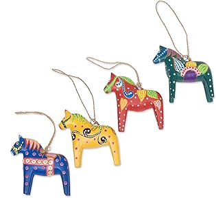 NOVICA Artisan Handmade Swedish Dala Horses | Wooden Handcrafted Painting Set | Christmas Decor Tradition | Set of 4